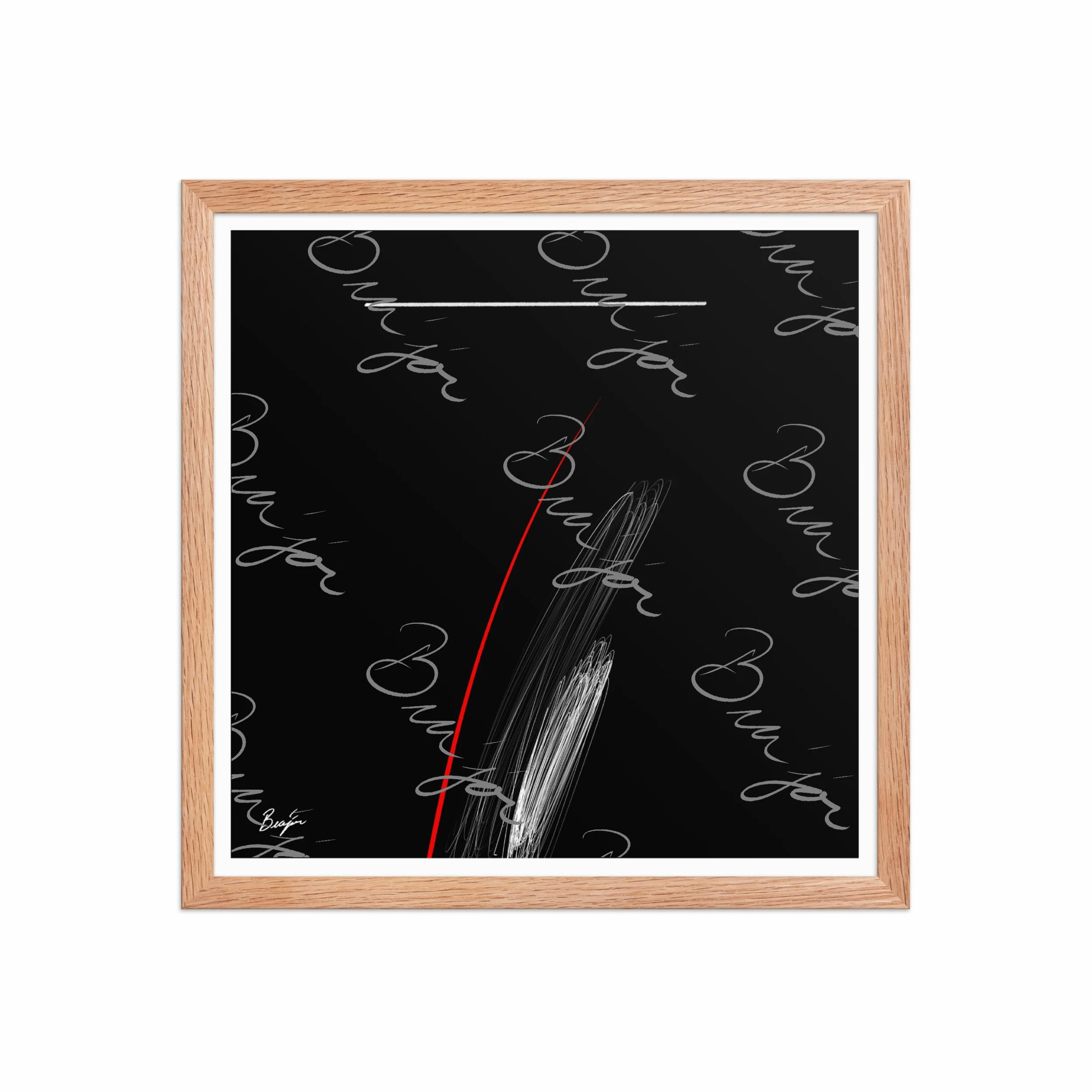 16x16 Red Oak Framed Self Titled Abstract artwork ‘Bra’jor’ designed by the digital abstract artist Bra'jor. Artwork includes the colors Black, Red, and White