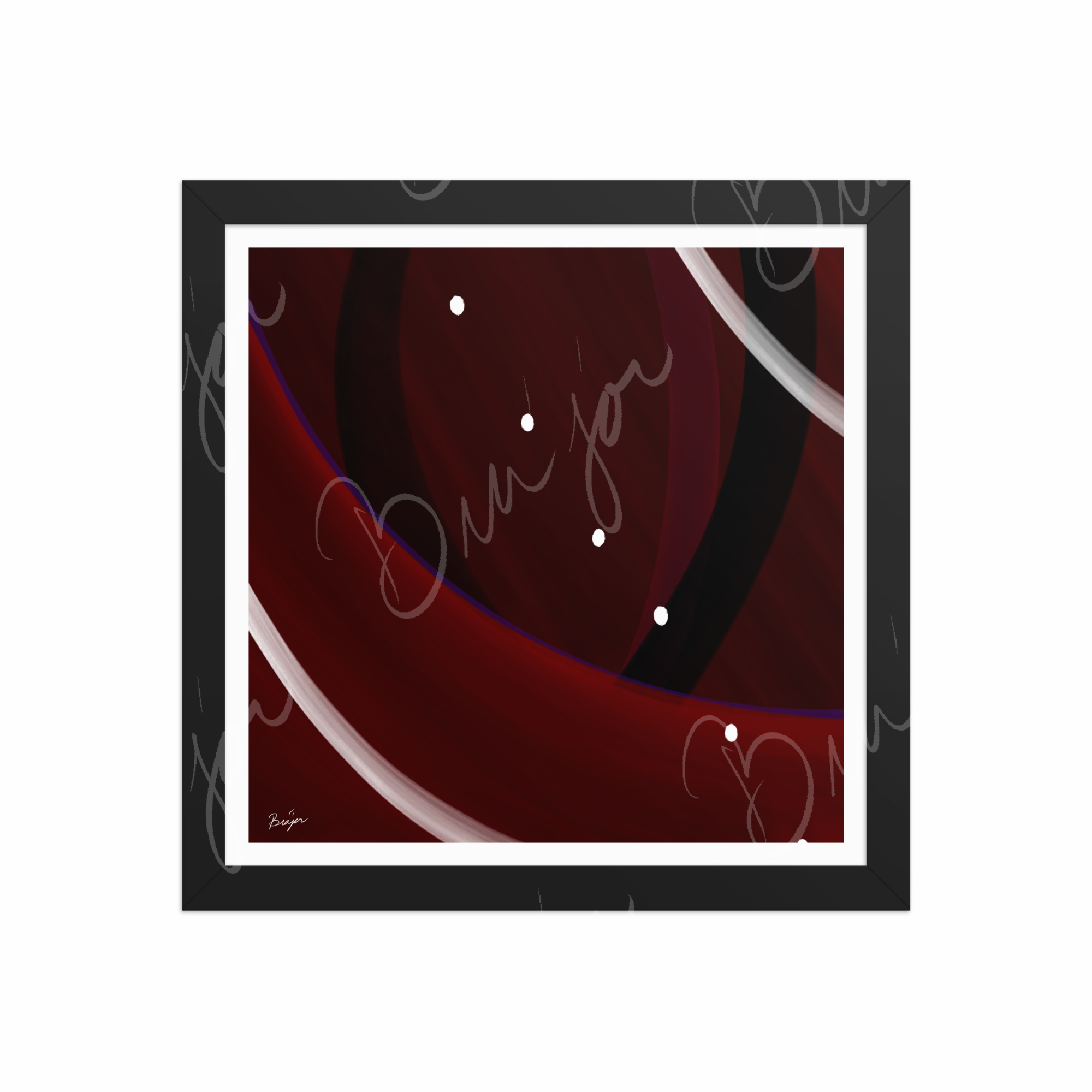 12x12 Black Framed Abstract artwork titled Trail Back designed by the digital abstract artist Bra'jor. Artwork includes the colors Red, Black, Purple, and White