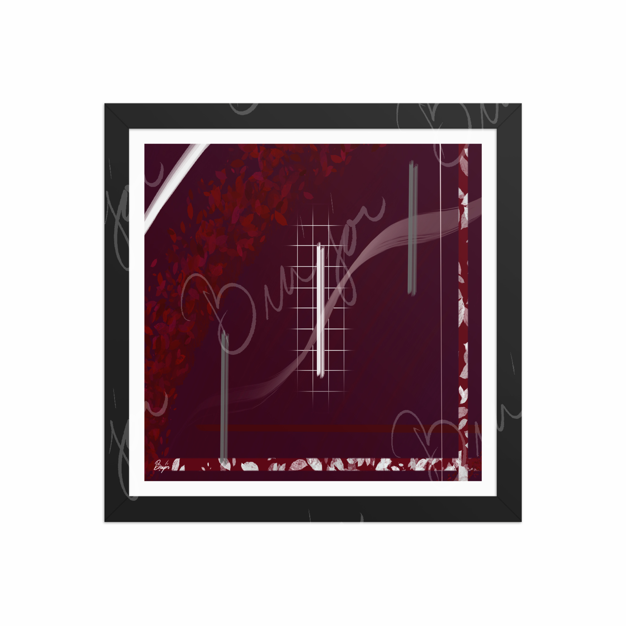 12x12 Black Framed Abstract artwork titled Shine designed by the digital abstract artist Bra'jor. Artwork includes the colors Red, Gray, Maroon, White, and Soft Pink