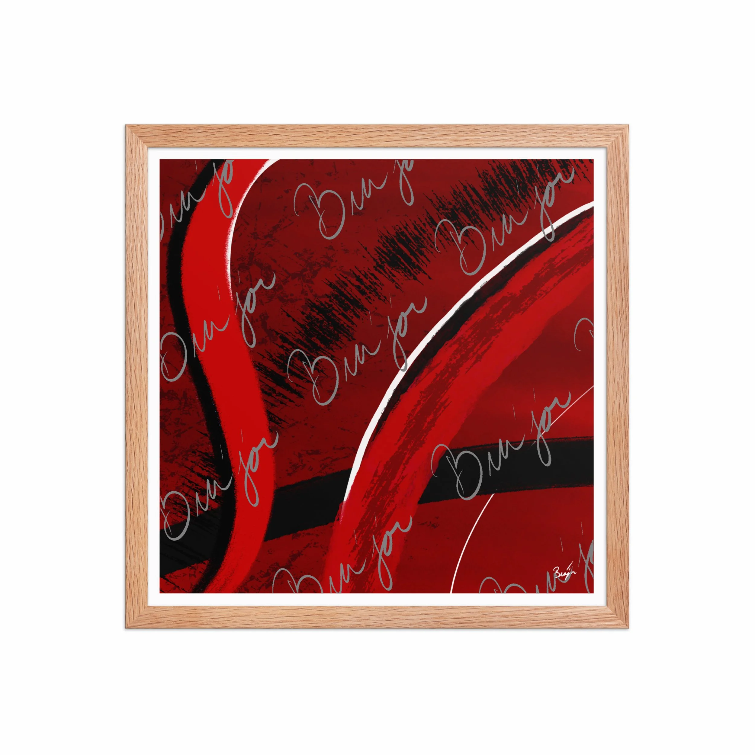 16x16 Red Oak Framed Abstract artwork titled Feel designed by the digital abstract artist Bra'jor. Artwork includes the colors Red, Black, Blue, and White