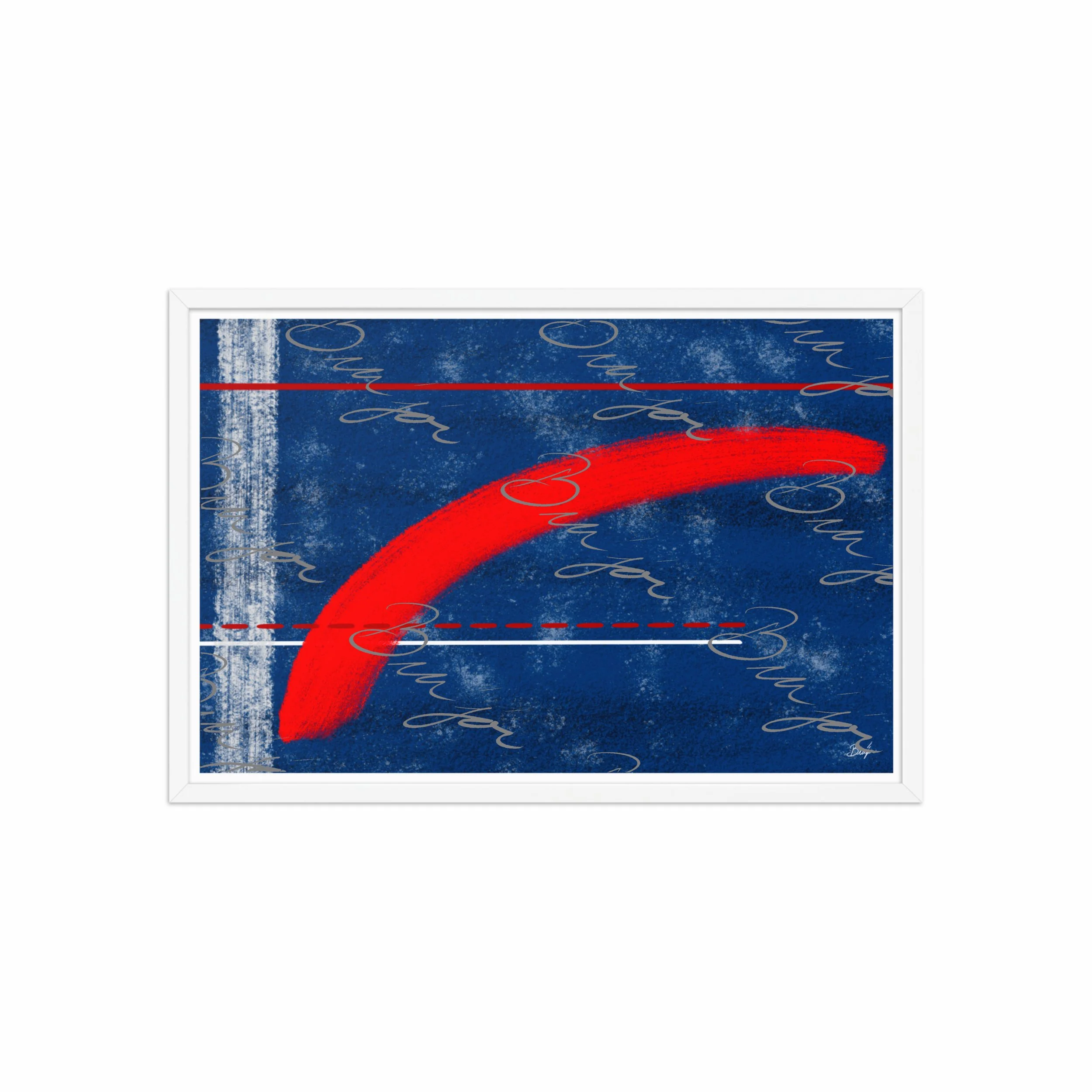 20x30 White Framed abstract artwork titled Be Bold designed by the digital abstract artist Bra'jor. Artwork includes the colors Blue, White, and Red