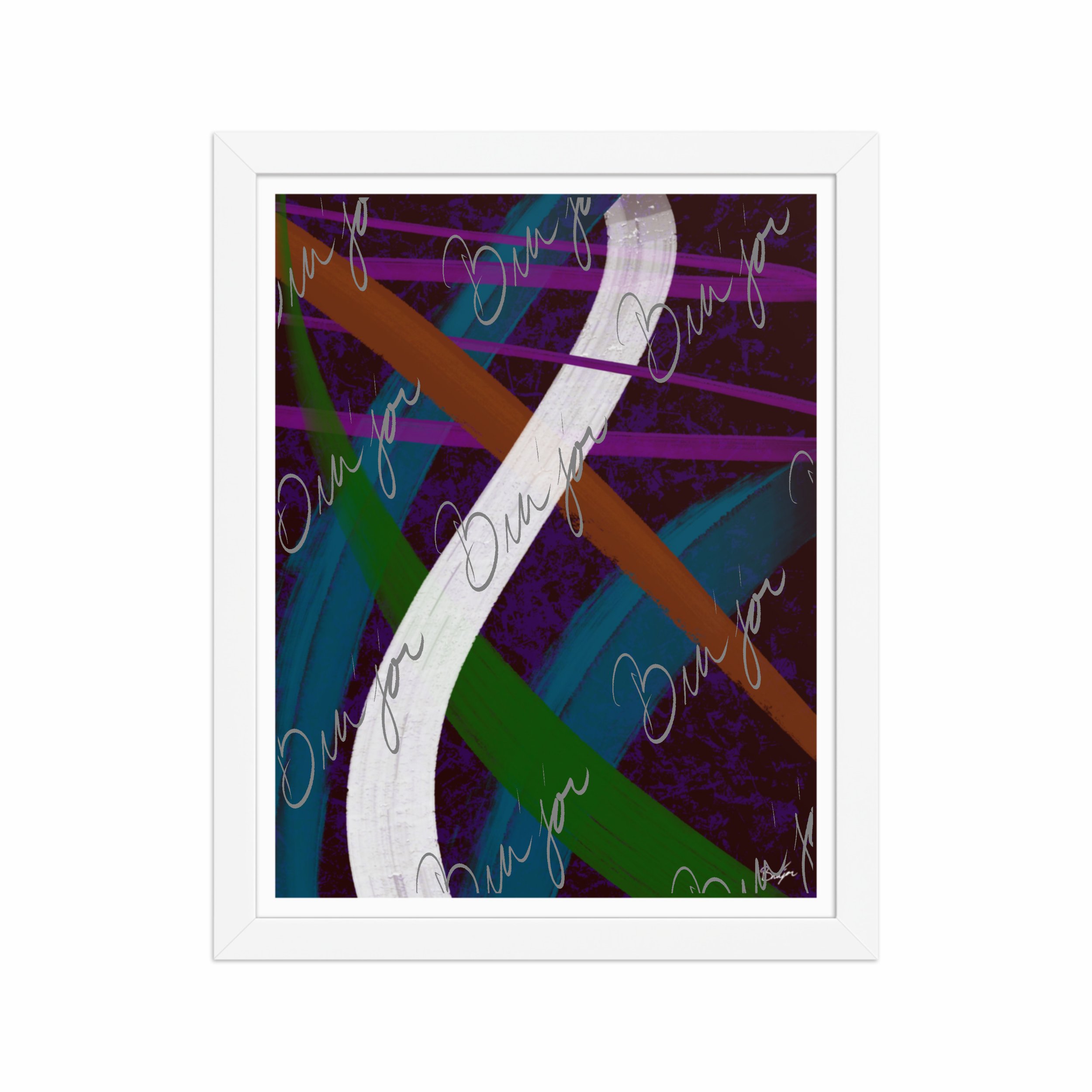 11x14 White Framed Abstract artwork titled Adventures designed by the digital abstract artist Bra'jor. Artwork includes the colors Purple, Blue, Orange, and White