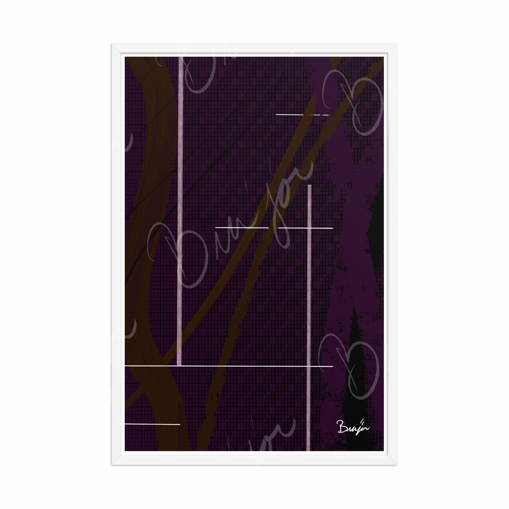 24x36 White Framed Abstract artwork titled Out of the Box designed by the digital abstract artist Bra'jor. Artwork includes the colors Purple, Brown, Black, and White