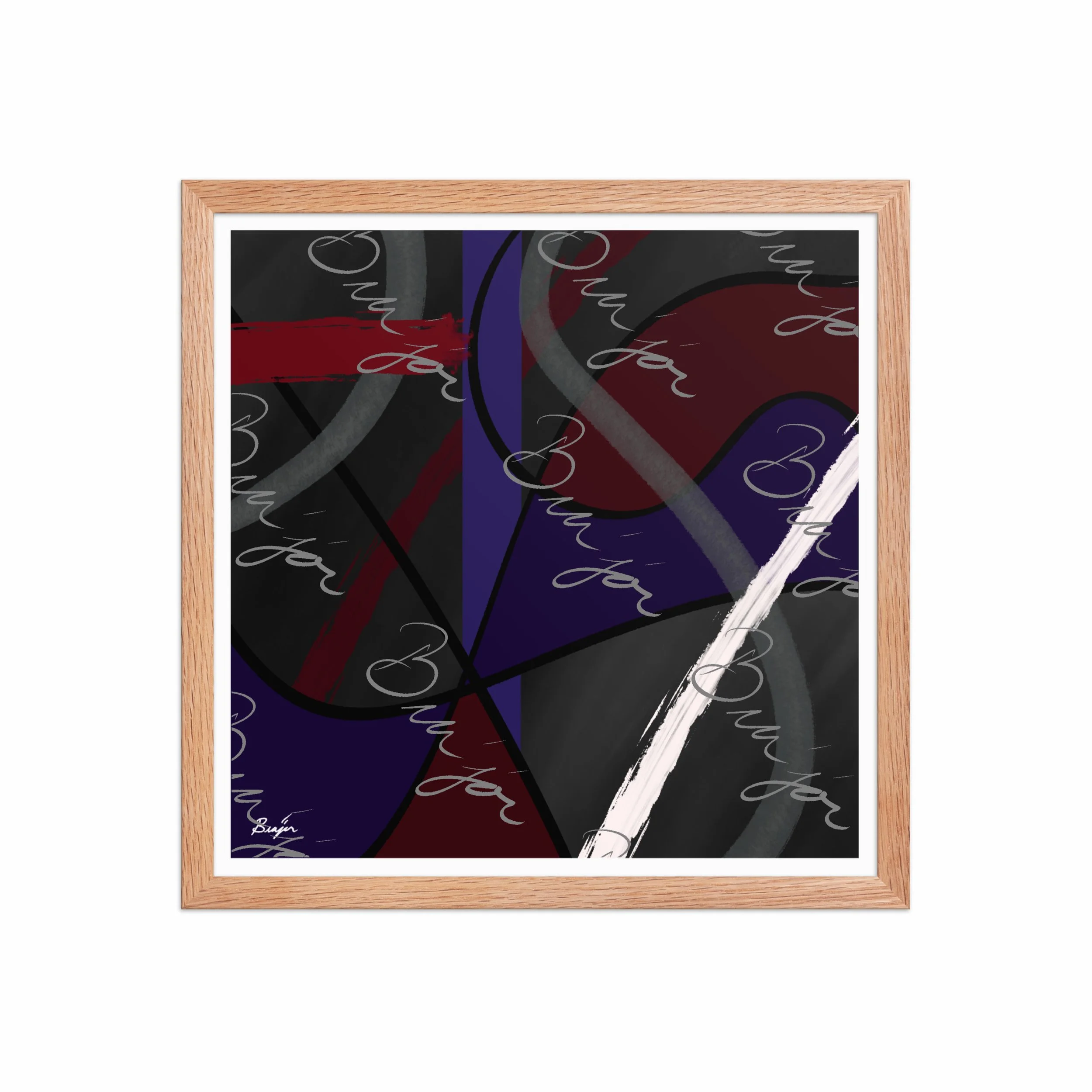 16x16 Red Oak Framed Abstract artwork titled Different designed by the digital abstract artist Bra'jor. Artwork includes the colors Purple, Blue, Red, Gray, and Black