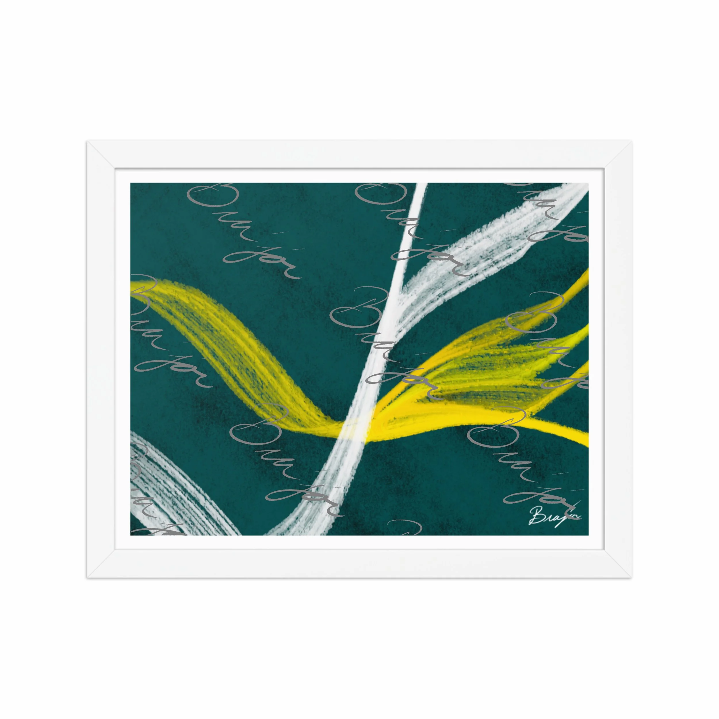 11x14 White Framed abstract artwork titled Beginnings designed by the digital abstract artist Bra'jor. Artwork includes the colors Yellow, Green, White, and Black