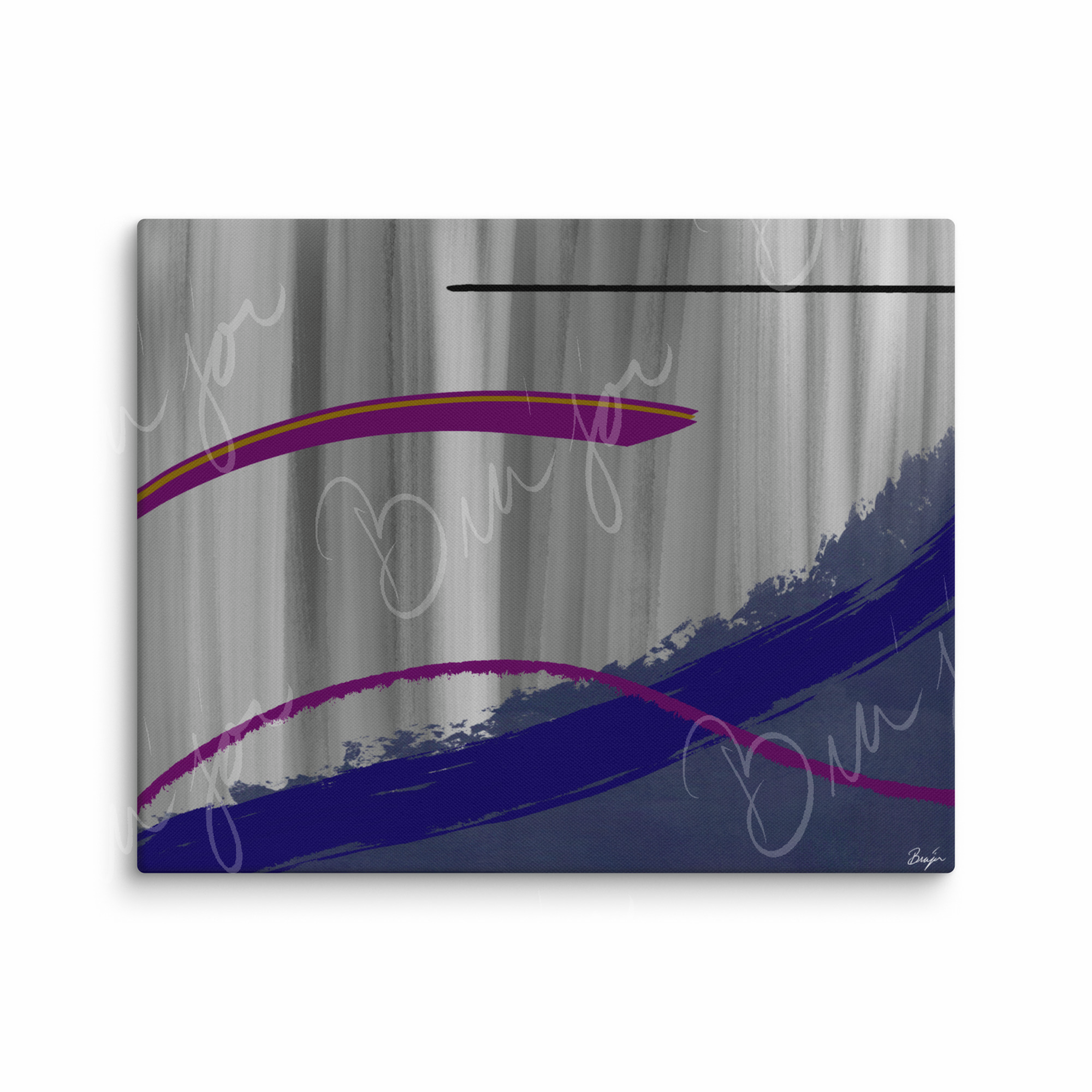 16x20 Canvas Abstract artwork titled Reworking designed by the digital abstract artist Bra'jor. Artwork includes the colors Purple, Gray, Blue, Mustard Yellow, and Black
