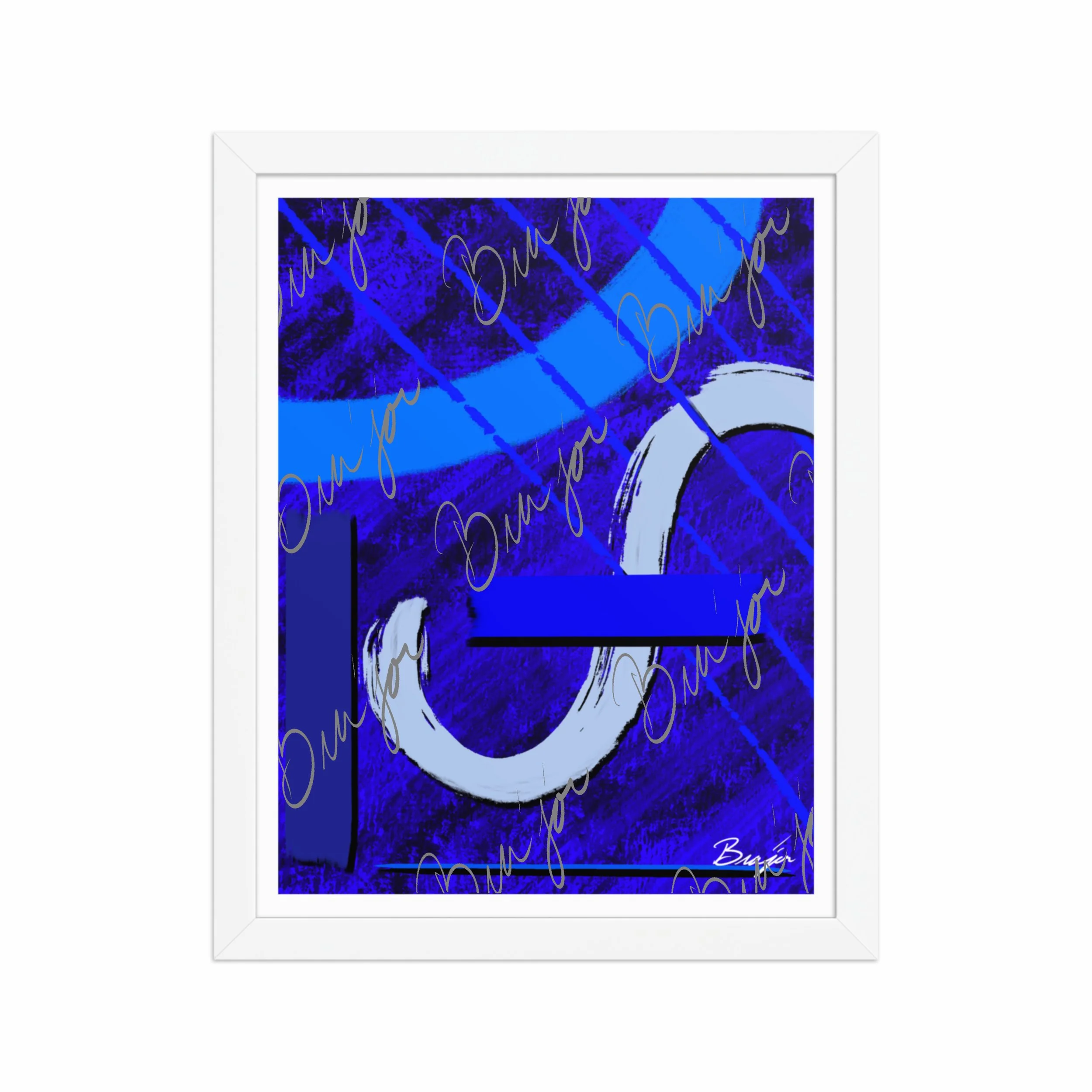 11x14 White Abstract artwork titled Undone designed by the digital abstract artist Bra'jor. Artwork includes the colors Blue, Black, Misty Blue, and Navy