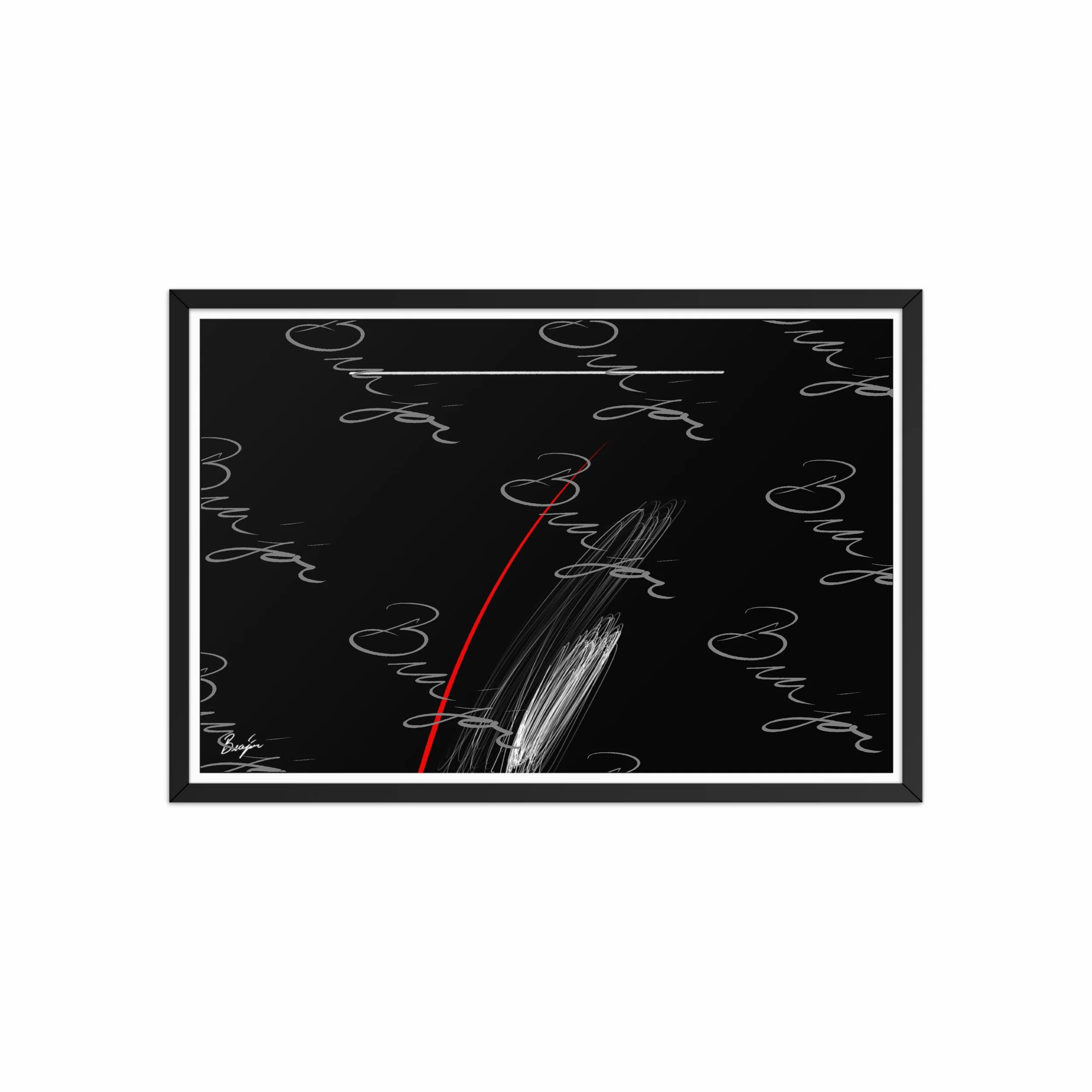 20x30 Black Framed Self Titled Abstract artwork ‘Bra’jor’ designed by the digital abstract artist Bra'jor. Artwork includes the colors Black, Red, and White