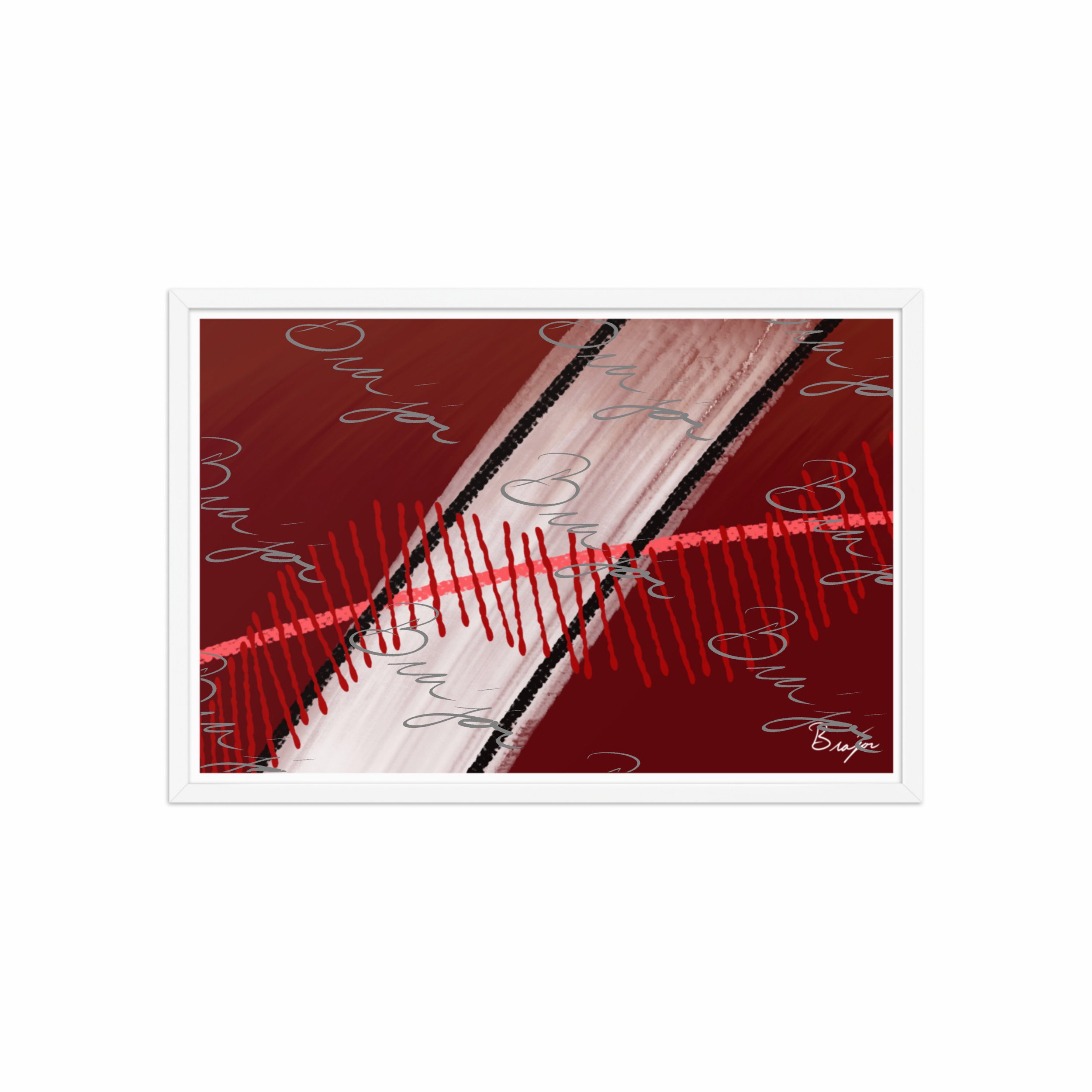 20x30 White Framed abstract artwork titled Confined designed by the digital abstract artist Bra'jor. Artwork includes the colors Red, Pink, Black, Maroon, and White