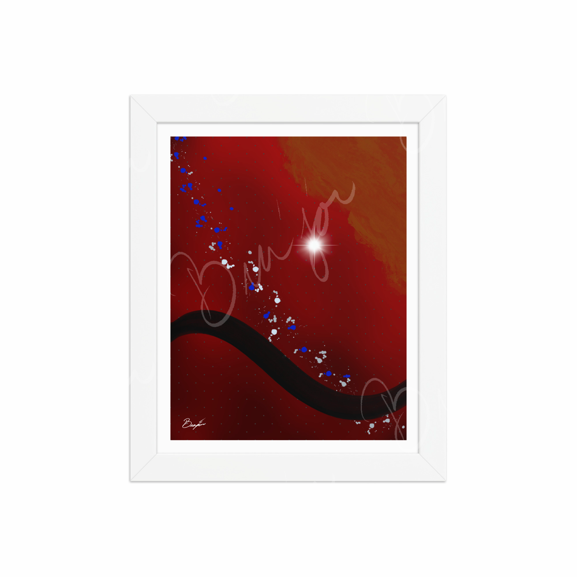 8x10 White Framed Abstract artwork titled Take Your Place designed by the digital abstract artist Bra'jor. Artwork includes the colors Red, Yellow, Orange, Black, Gray, and White