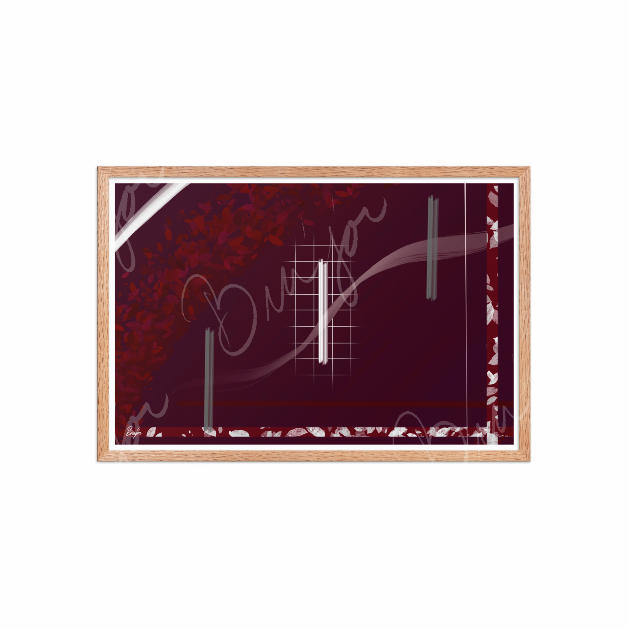 20x30 Red Oak Framed Abstract artwork titled Shine designed by the digital abstract artist Bra'jor. Artwork includes the colors Red, Gray, Maroon, White, and Soft Pink