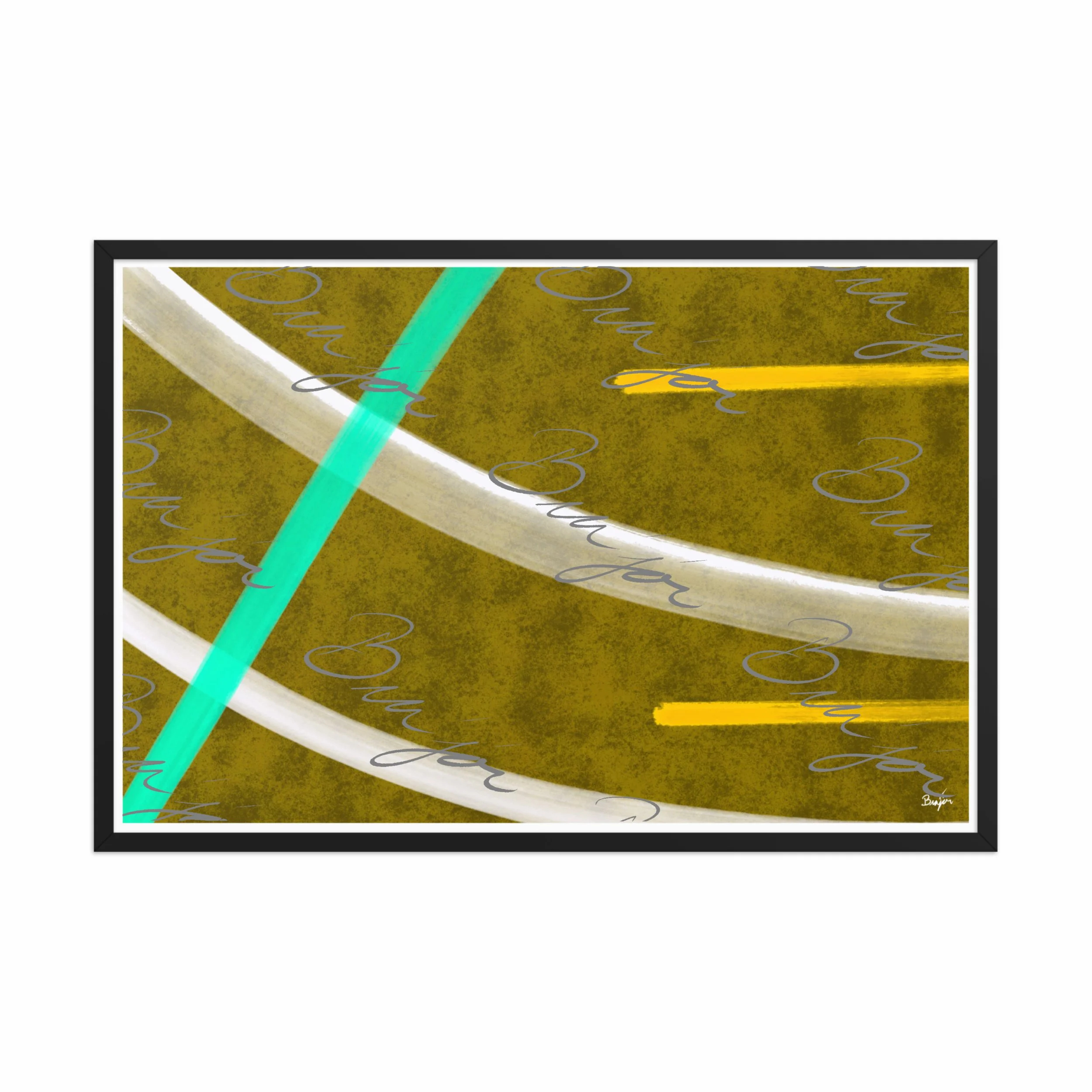24x36 Black Framed Abstract artwork titled Hushed designed by the digital abstract artist Bra'jor. Artwork includes the colors Orange, Yellow, White, and Blue