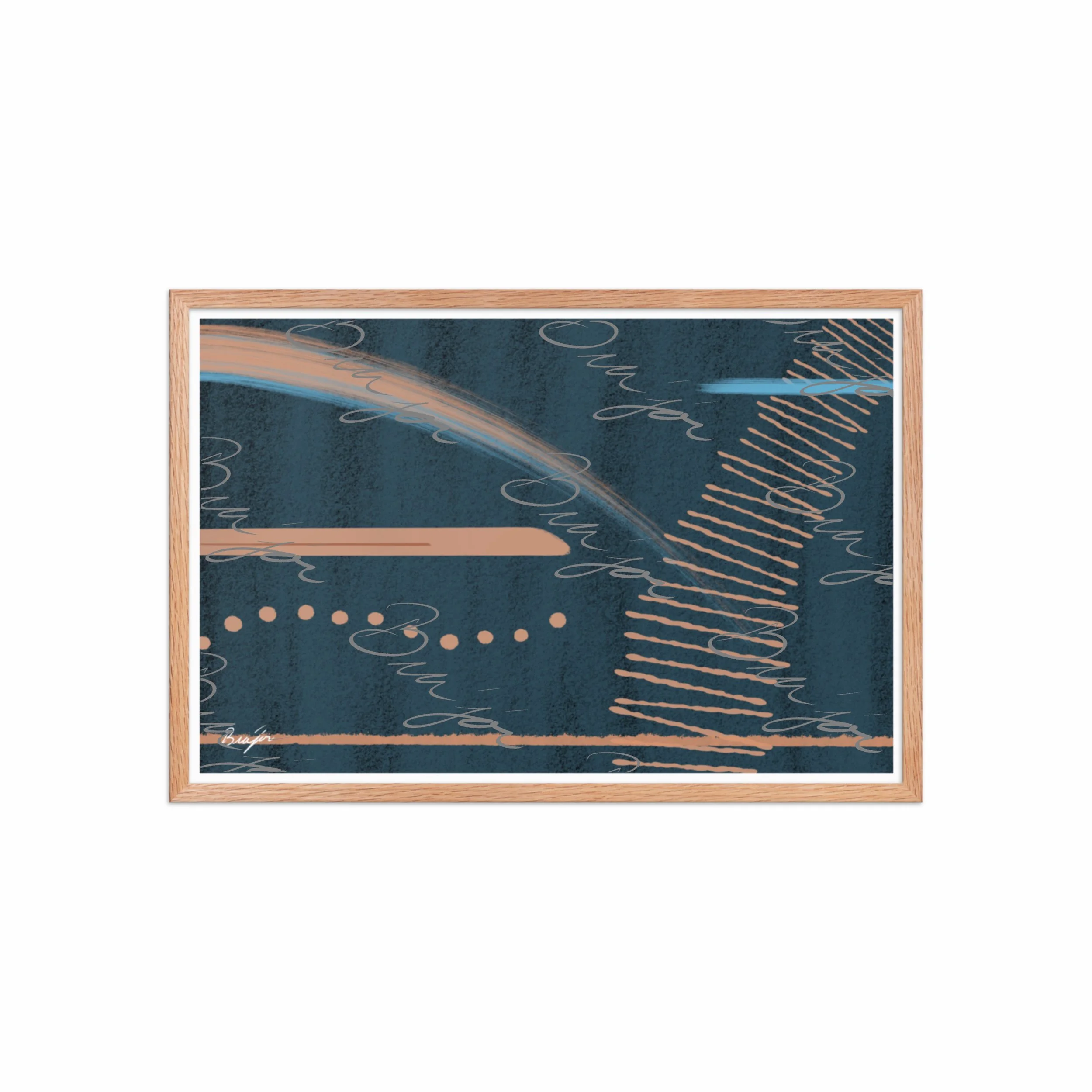 20x30 Red Oak Framed abstract artwork titled Effort designed by the digital abstract artist Bra'jor. Artwork includes the colors Black, Blue, Brown, and Tan