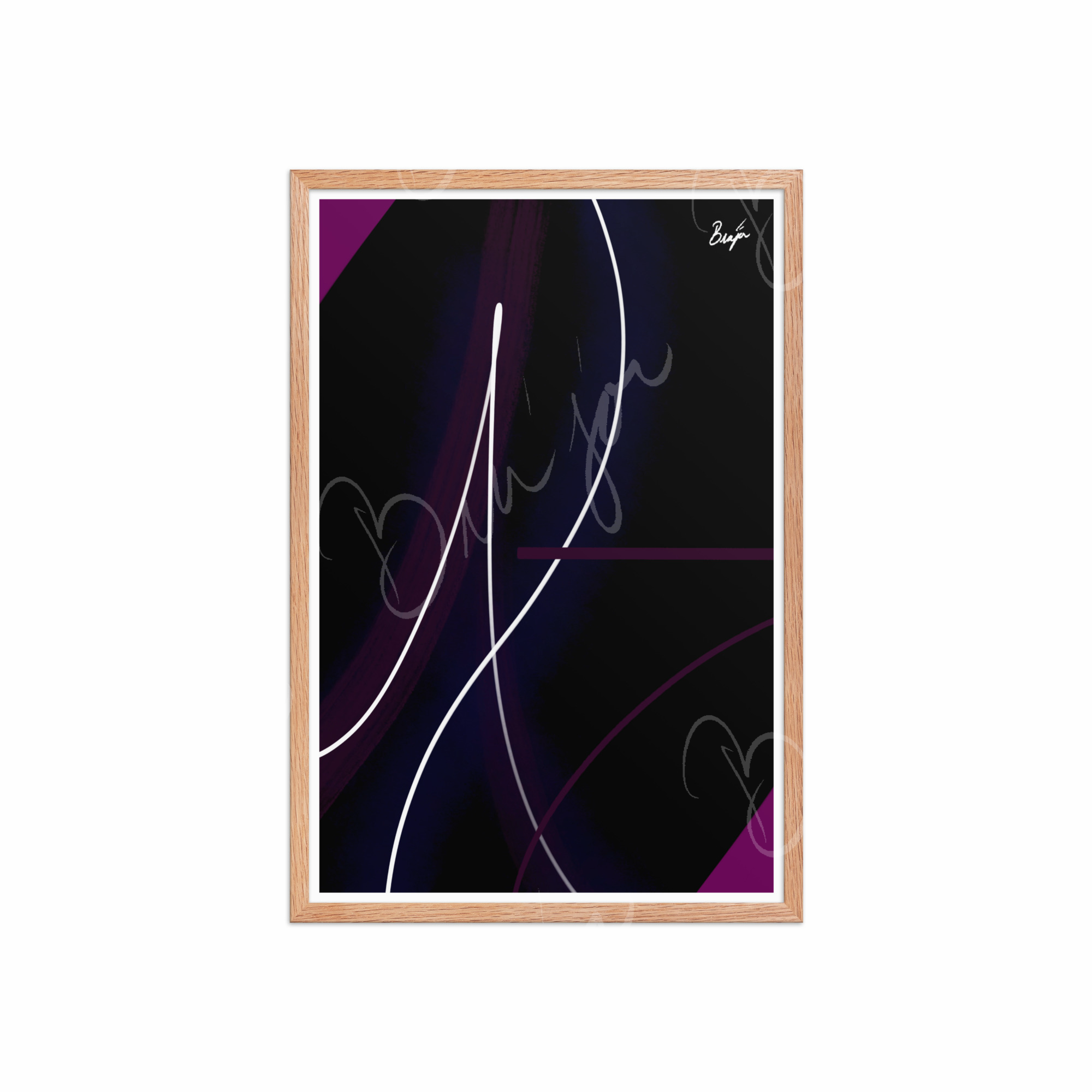20x30 Red Oak Framed Abstract artwork titled Poised designed by the digital abstract artist Bra'jor. Artwork includes the colors Purple, Pink, Blue, and White