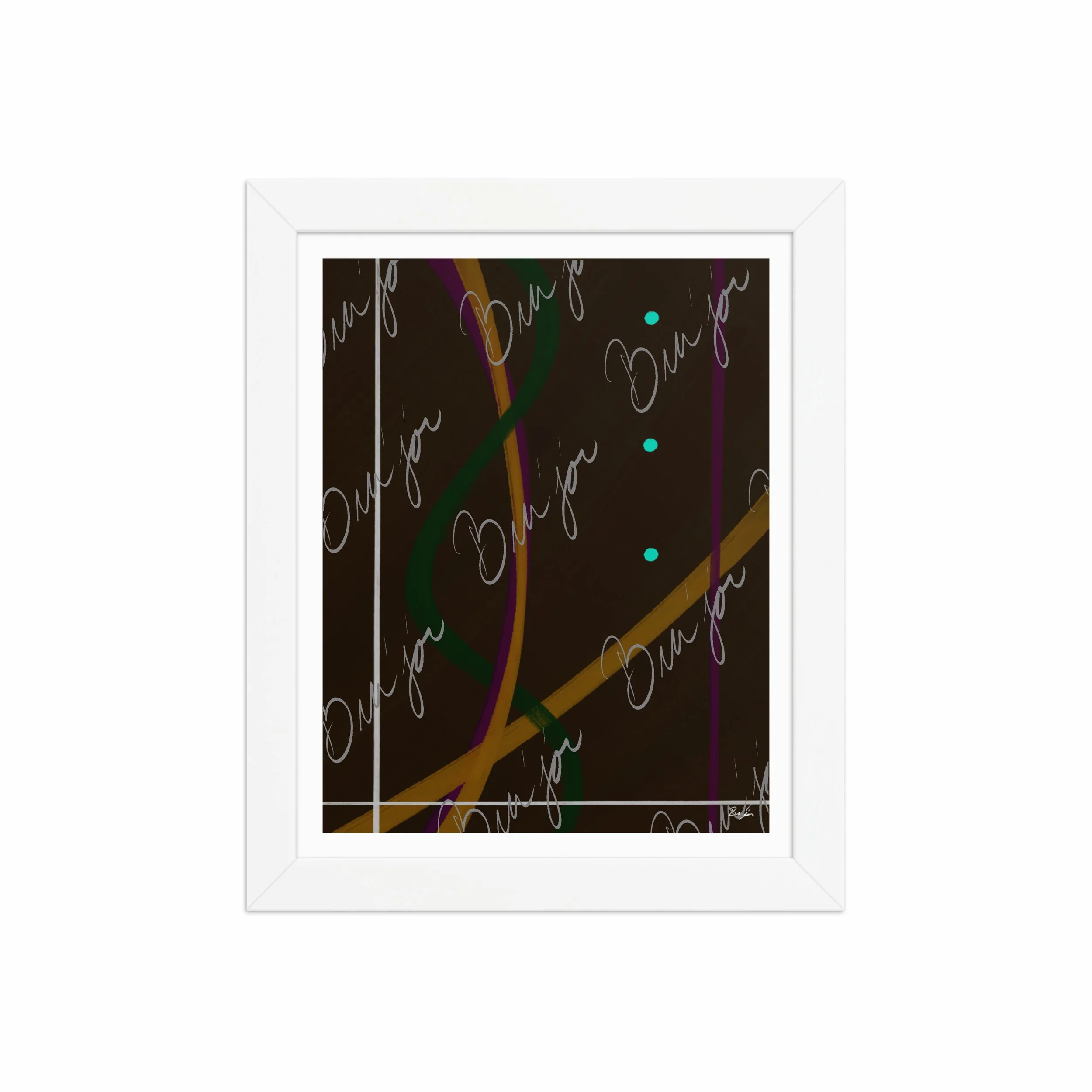 8x10 White Framed Abstract artwork titled Button Up designed by the digital abstract artist Bra'jor. Artwork includes the colors Orange, Purple, Green, White, and Brown
