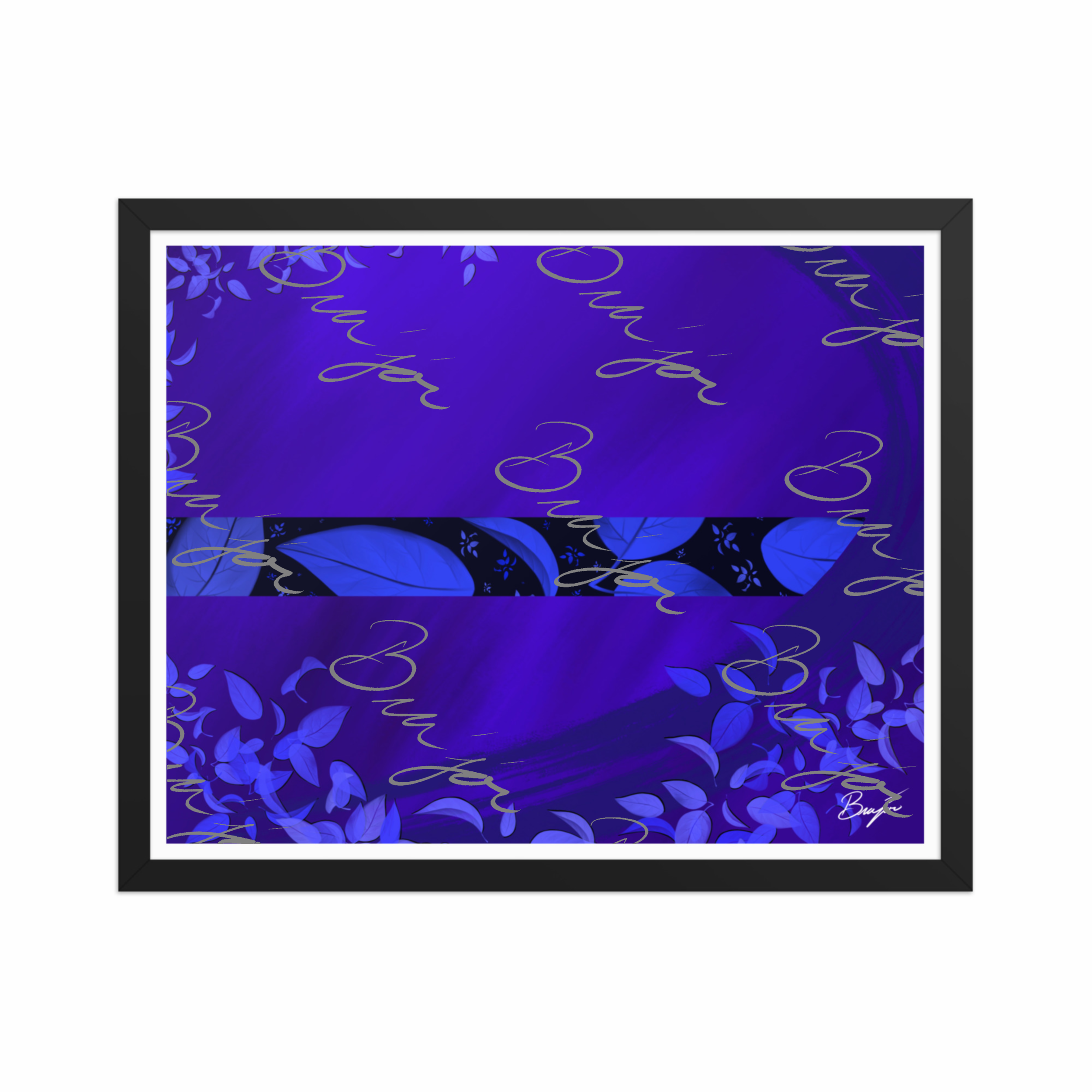 16x20 Black Framed abstract artwork titled A Moment designed by the digital abstract artist Bra'jor. Artwork includes the colors Blue, Black, and Purple