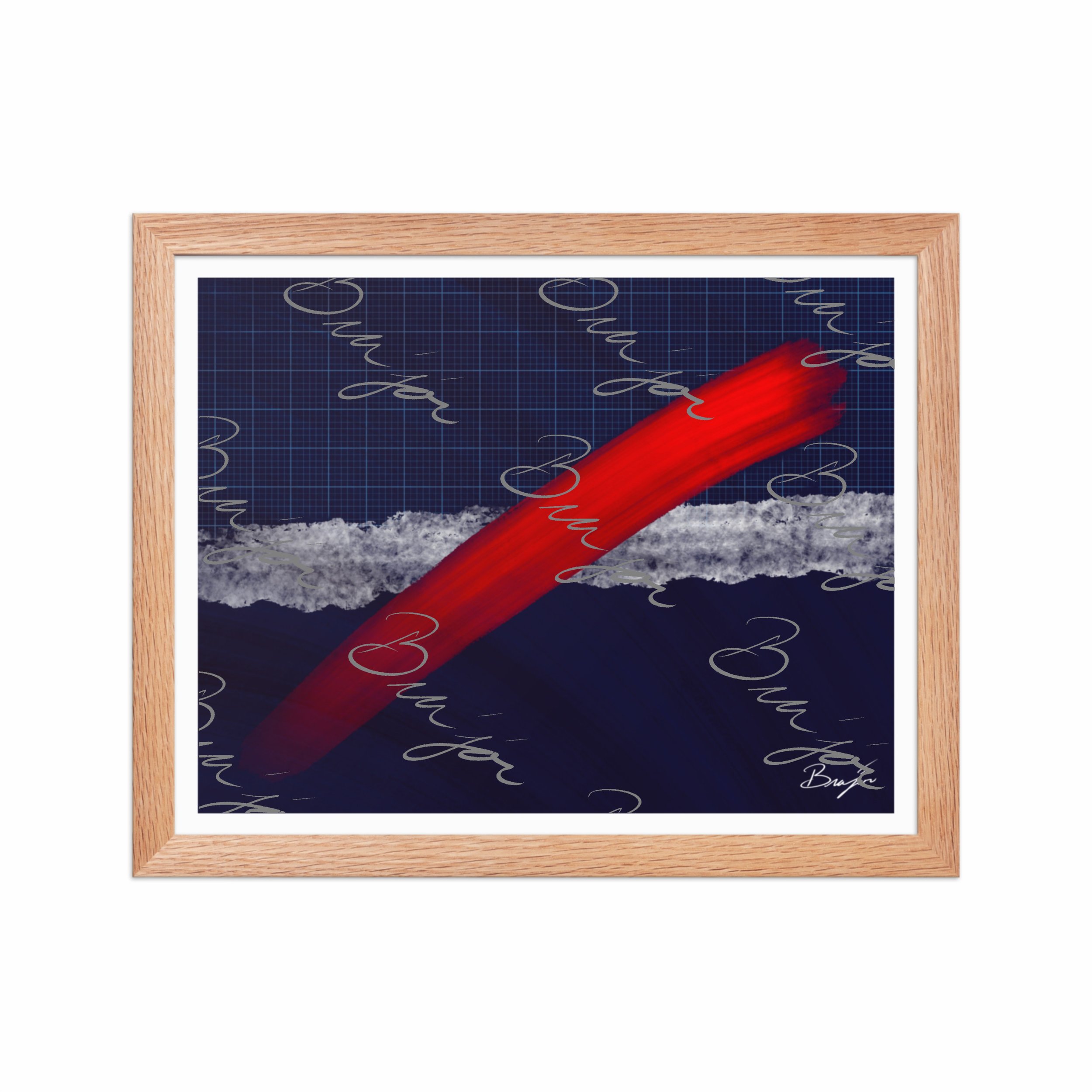 11x14 Red Oak Framed abstract artwork titled Strike designed by the digital abstract artist Bra'jor. Artwork includes the colors Red, Blue, white, and Gray