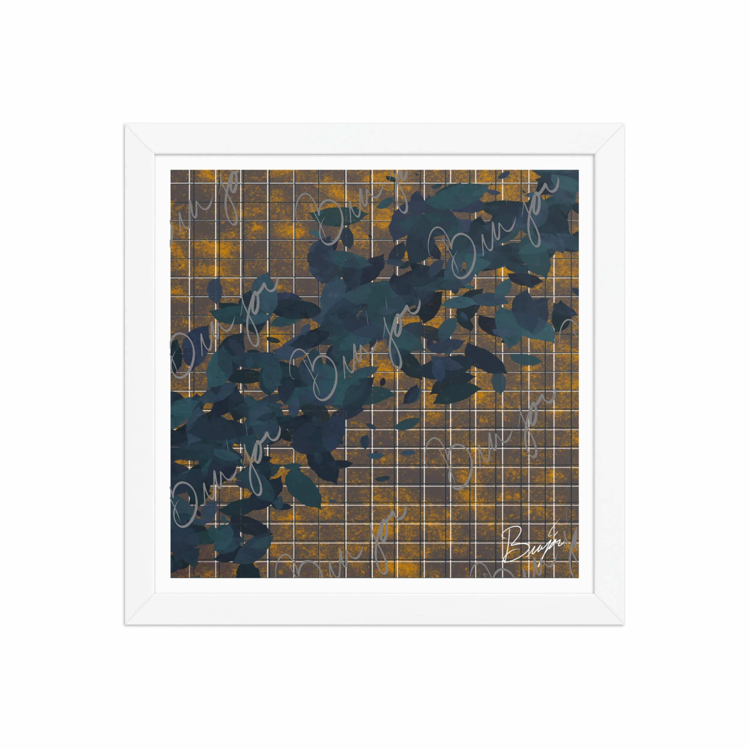 12x12 White Framed abstract artwork titled Changes designed by the digital abstract artist Bra'jor. Artwork includes the colors Blue in different dark shades, Orange, White, and Black