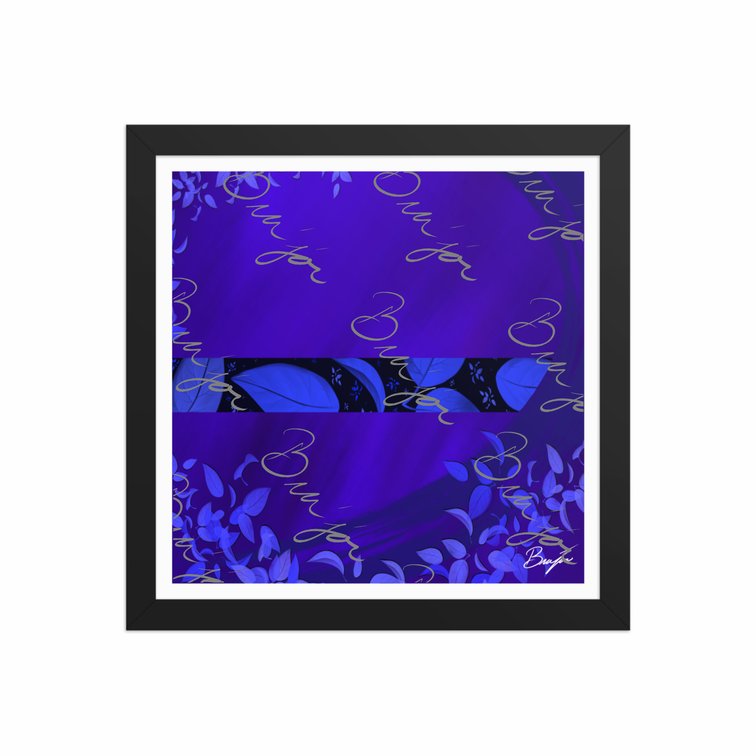 12x12 Black Framed abstract artwork titled A Moment designed by the digital abstract artist Bra'jor. Artwork includes the colors Blue, Black, and Purple