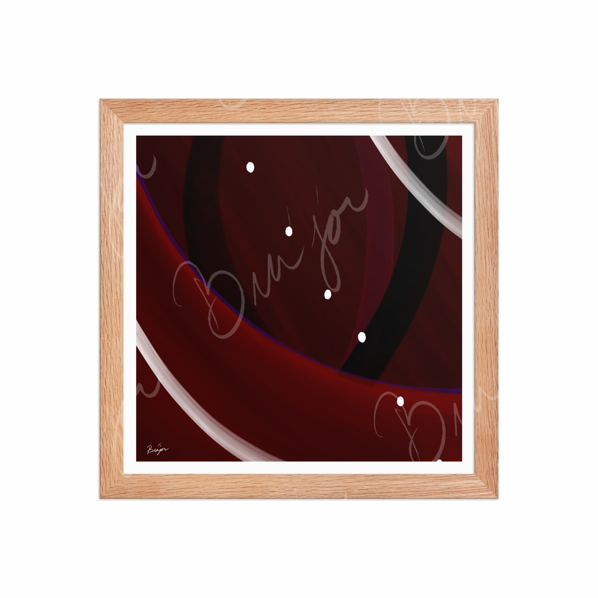 12x12 Red Oak Framed Abstract artwork titled Trail Back designed by the digital abstract artist Bra'jor. Artwork includes the colors Red, Black, Purple, and White