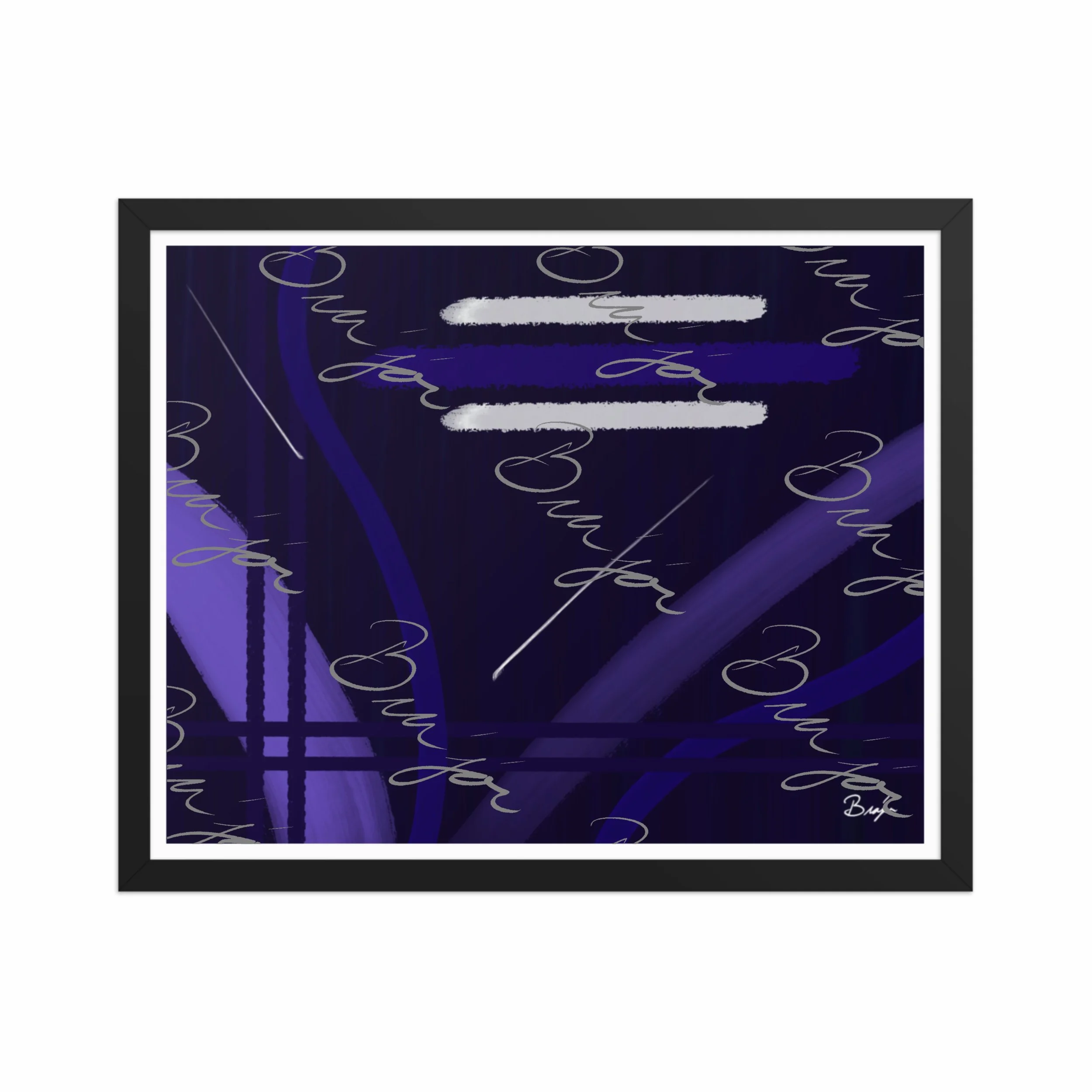 16x20 Black Framed Abstract artwork titled Beneath designed by the digital abstract artist Bra'jor. Artwork includes the colors Blue, White, Purple, and Navy