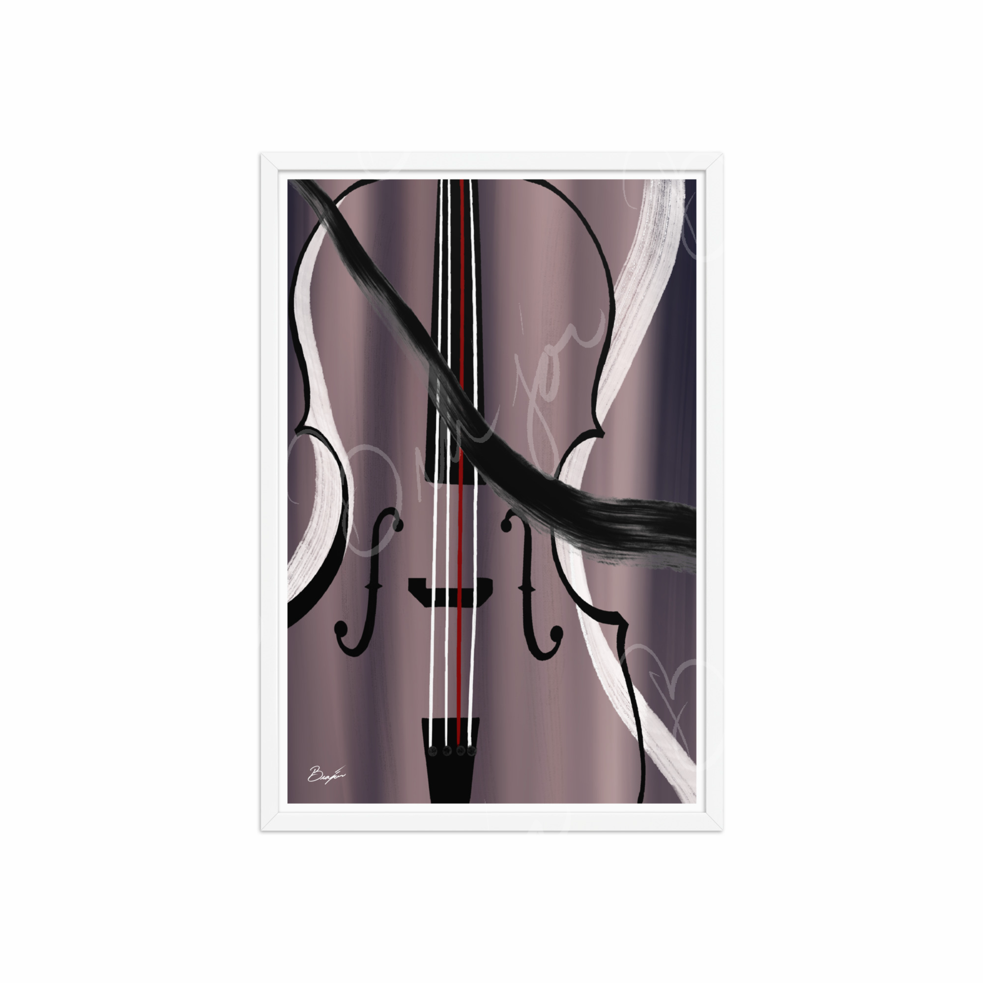 20x30 White Framed Abstract artwork titled First Love designed by the digital abstract artist Bra'jor. Artwork includes the colors Black, White, Gray, violet, Mauve, and Red