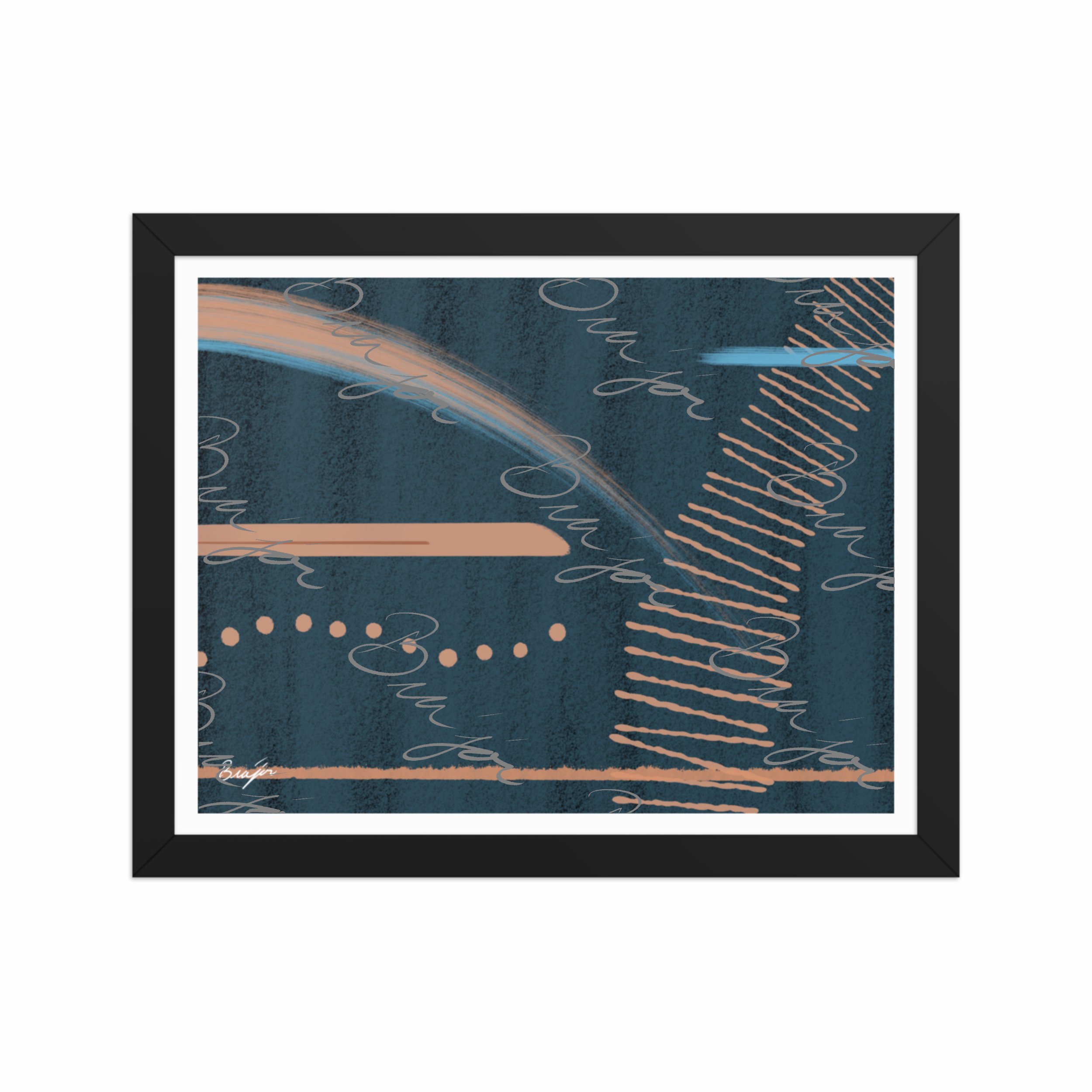 11x14 Black Framed abstract artwork titled Effort designed by the digital abstract artist Bra'jor. Artwork includes the colors Black, Blue, Brown, and Tan