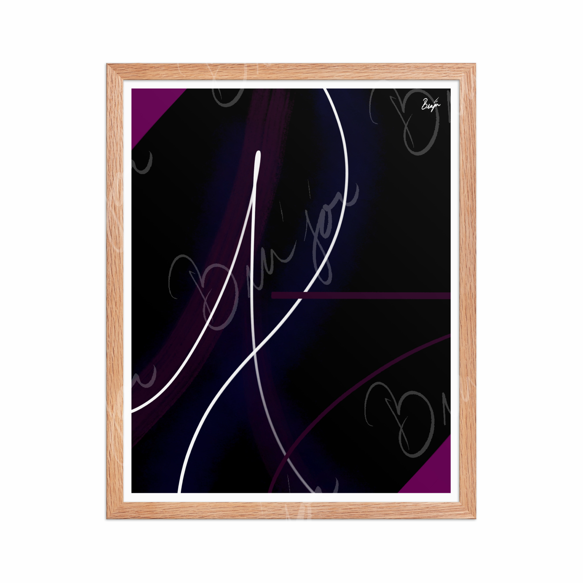 16x20 Red Oak Framed Abstract artwork titled Poised designed by the digital abstract artist Bra'jor. Artwork includes the colors Purple, Pink, Blue, and White