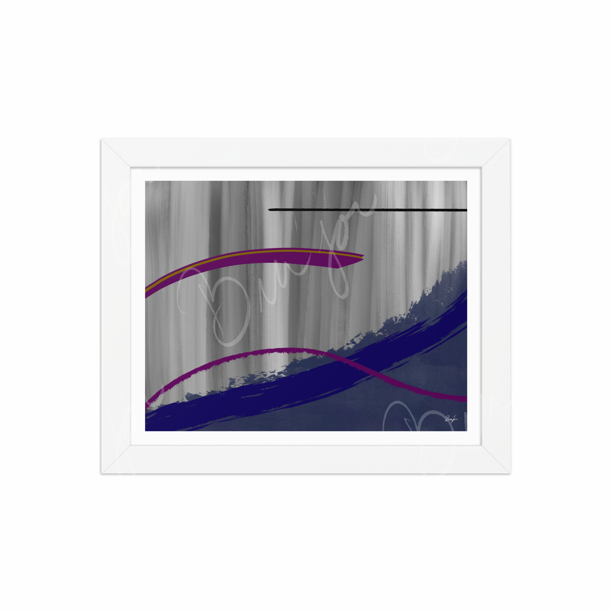 8x10 White Framed Abstract artwork titled Reworking designed by the digital abstract artist Bra'jor. Artwork includes the colors Purple, Gray, Blue, Mustard Yellow, and Black