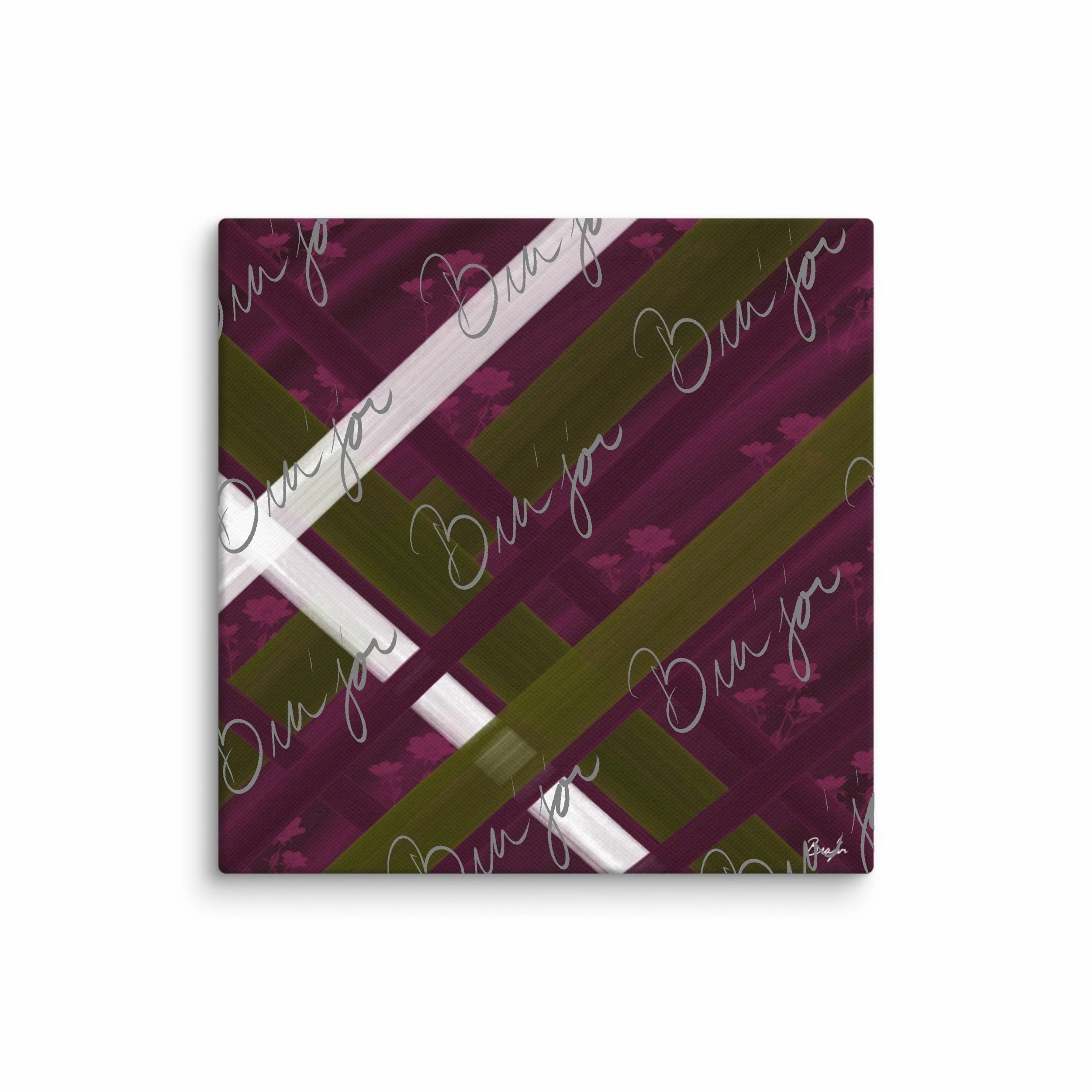 16x16 Canvas abstract artwork titled Complex designed by the digital abstract artist Bra'jor. Artwork includes the colors Purple, Pink, Olive Green, and White