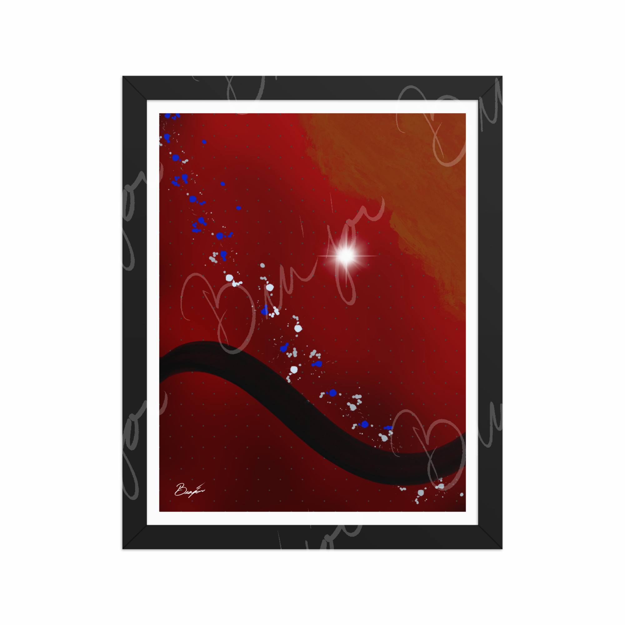 11x14 Black Framed Abstract artwork titled Take Your Place designed by the digital abstract artist Bra'jor. Artwork includes the colors Red, Yellow, Orange, Black, Gray, and White