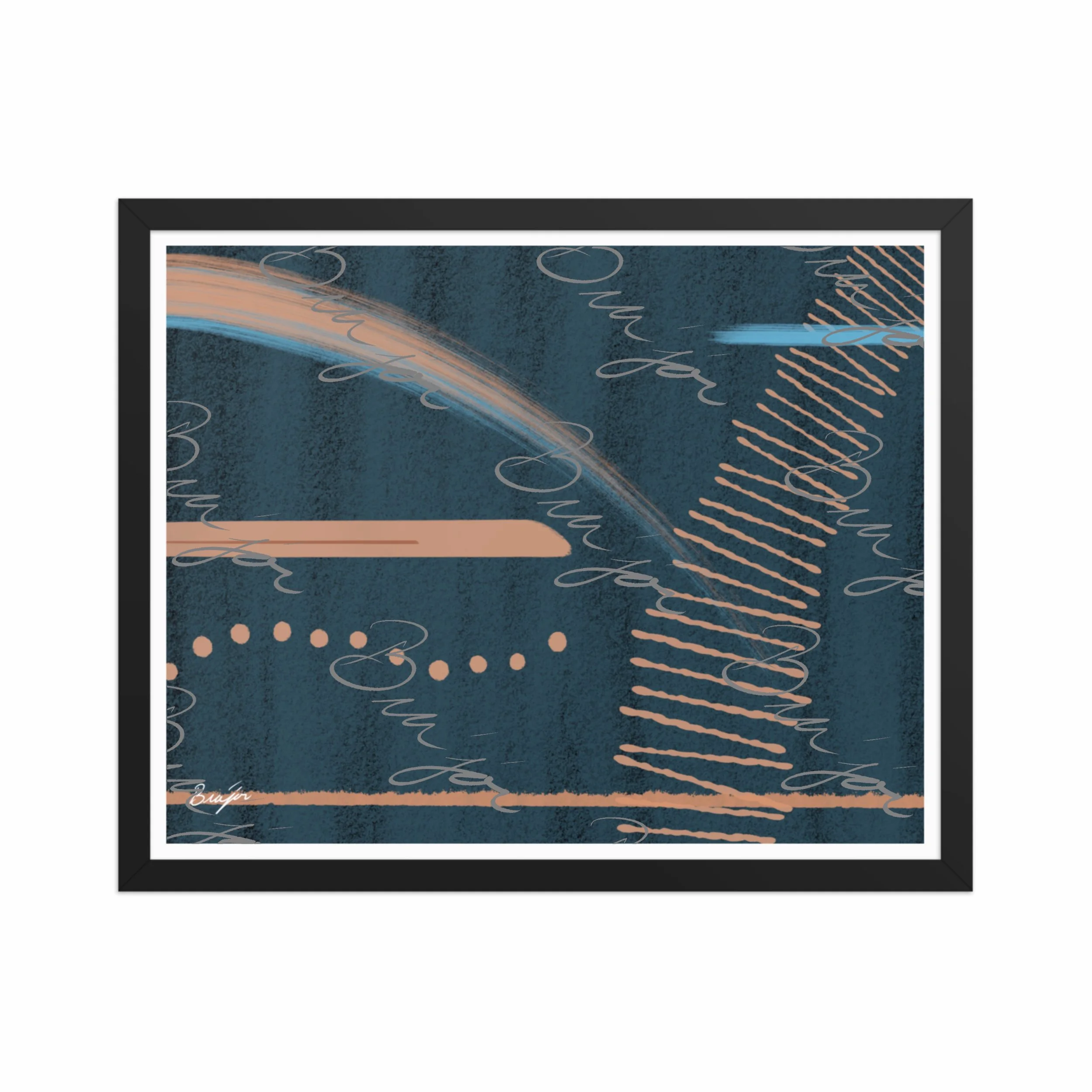 16x20 Black Framed abstract artwork titled Effort designed by the digital abstract artist Bra'jor. Artwork includes the colors Black, Blue, Brown, and Tan