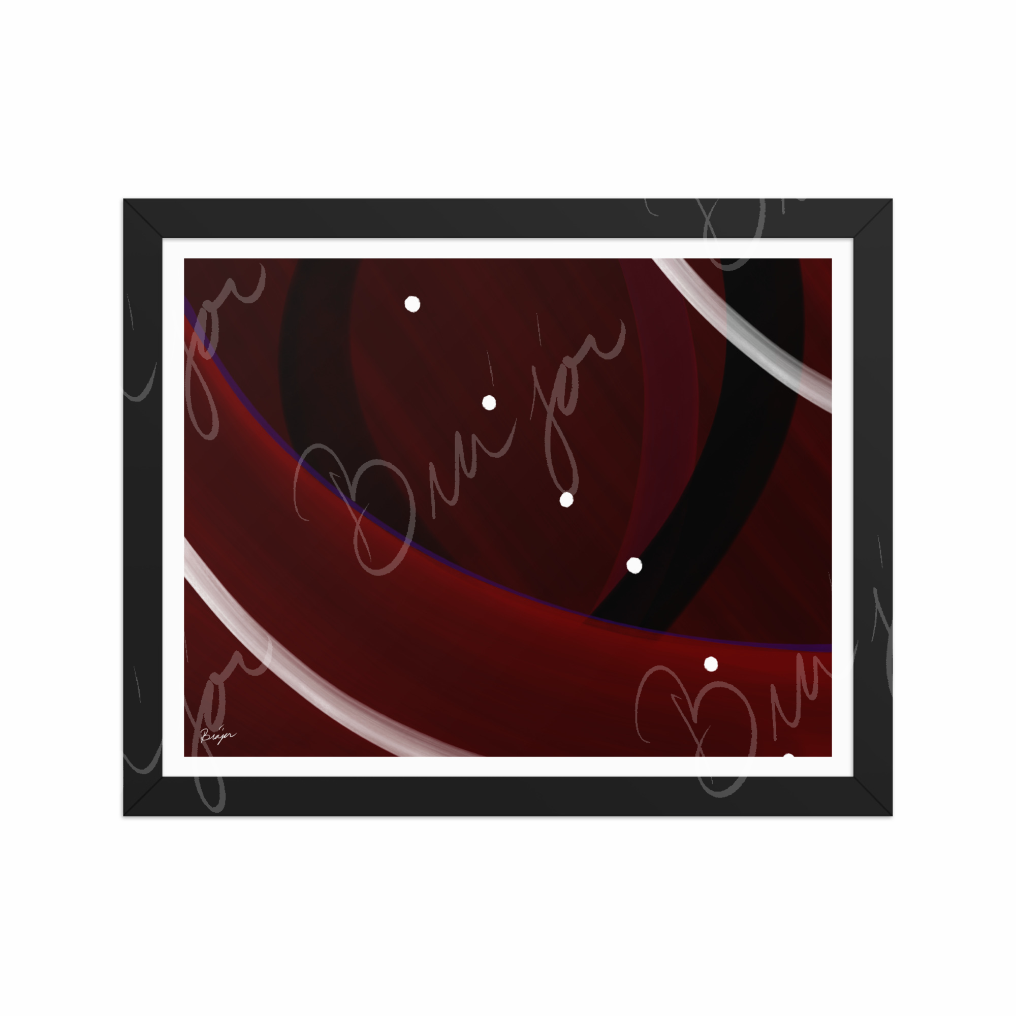 11x14 Black Framed Abstract artwork titled Trail Back designed by the digital abstract artist Bra'jor. Artwork includes the colors Red, Black, Purple, and White
