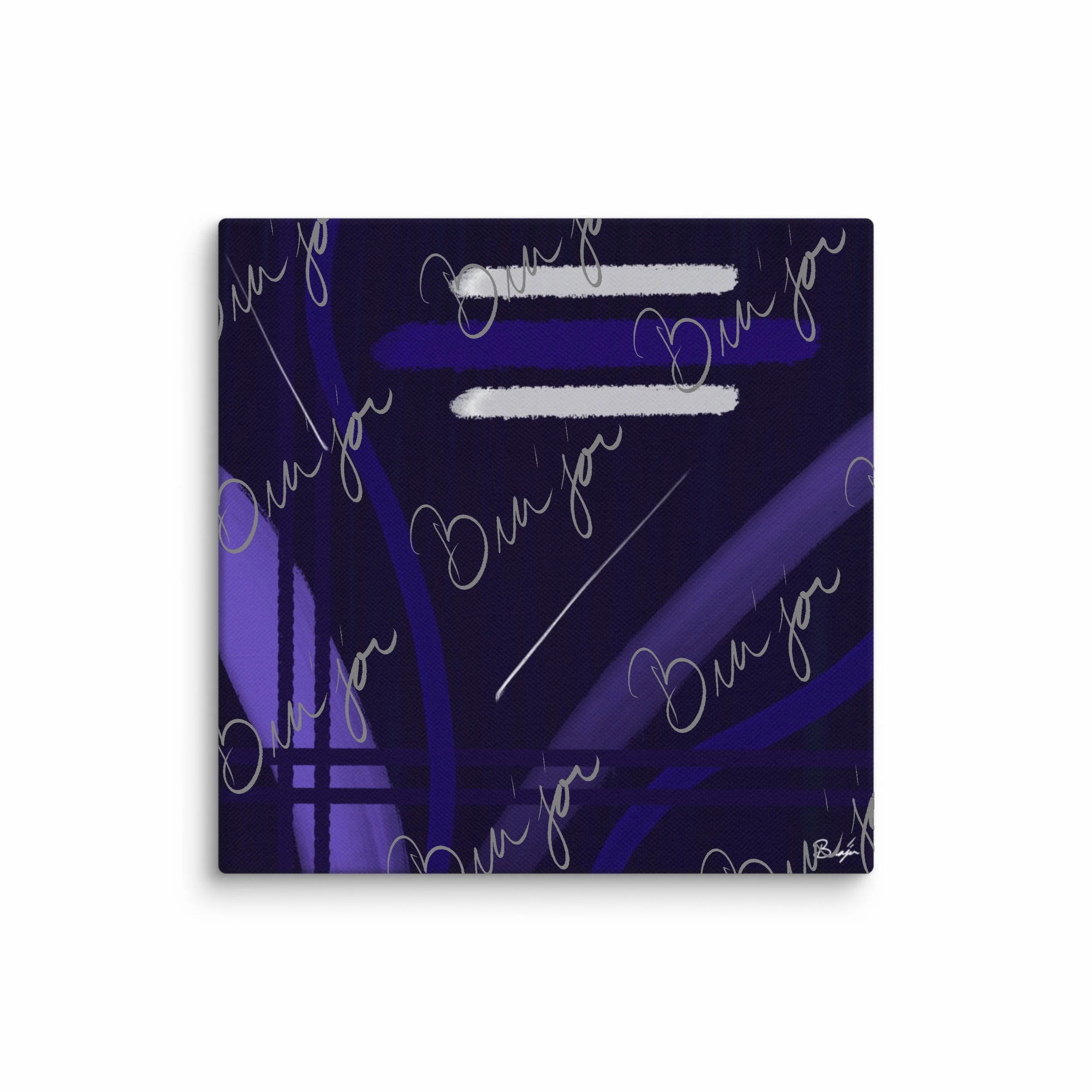 16x16 Canvas Abstract artwork titled Beneath designed by the digital abstract artist Bra'jor. Artwork includes the colors Blue, White, Purple, and Navy