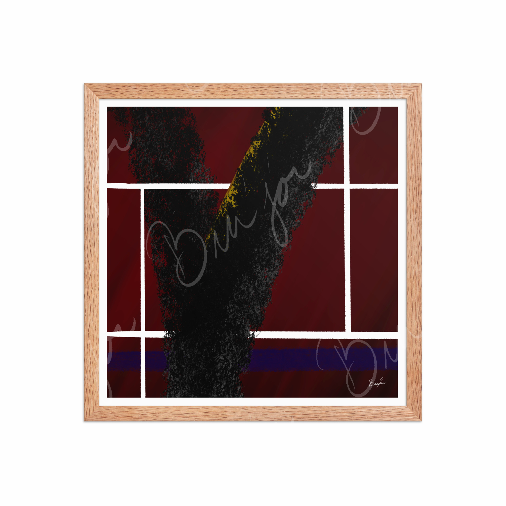 16x16 Red Oak Framed Abstract artwork titled Step Out designed by the digital abstract artist Bra'jor. Artwork includes the colors Red, White, Black, Yellow, and Blue