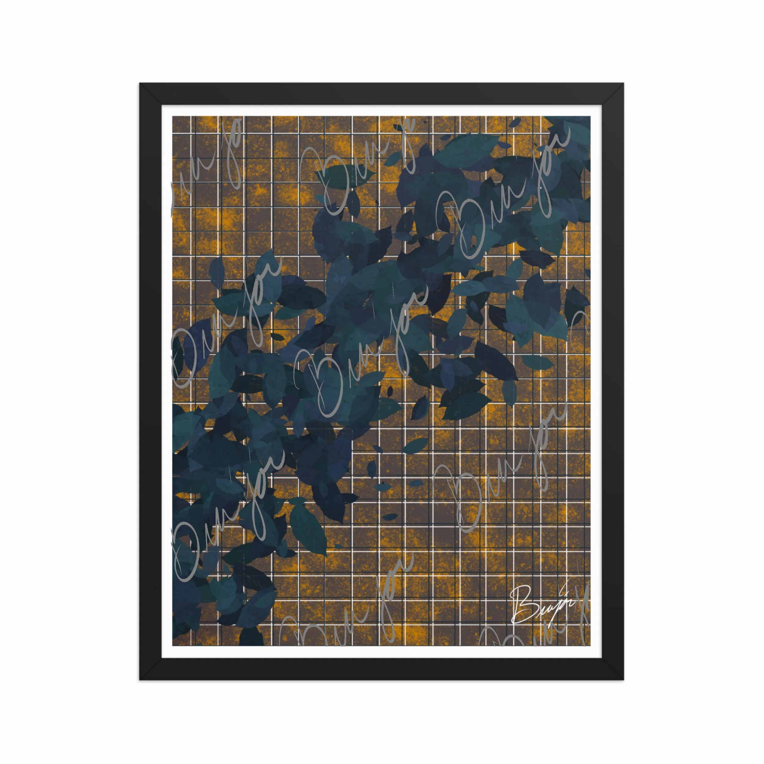 16x20 Black Framed abstract artwork titled Changes designed by the digital abstract artist Bra'jor. Artwork includes the colors Blue in different dark shades, Orange, White, and Black