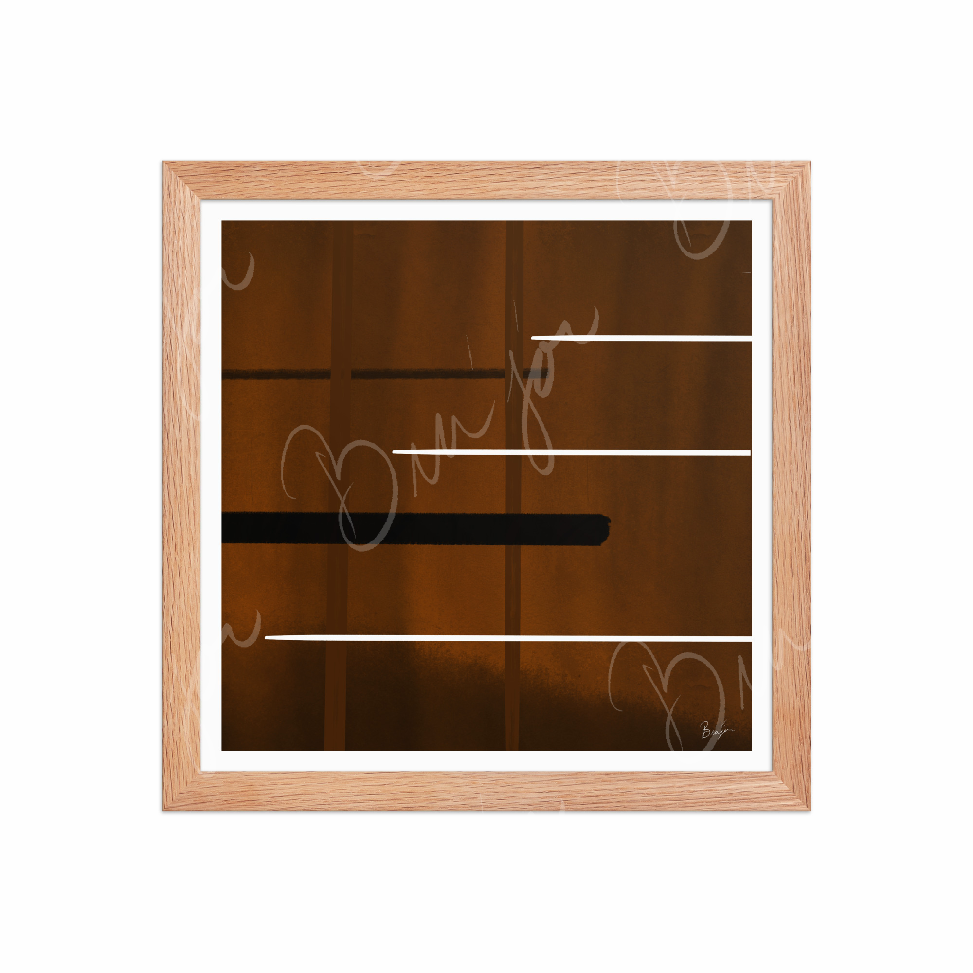 12x12 Red Oak Framed Abstract artwork titled Steps designed by the digital abstract artist Bra'jor. Artwork includes the colors Brown, Black, and White