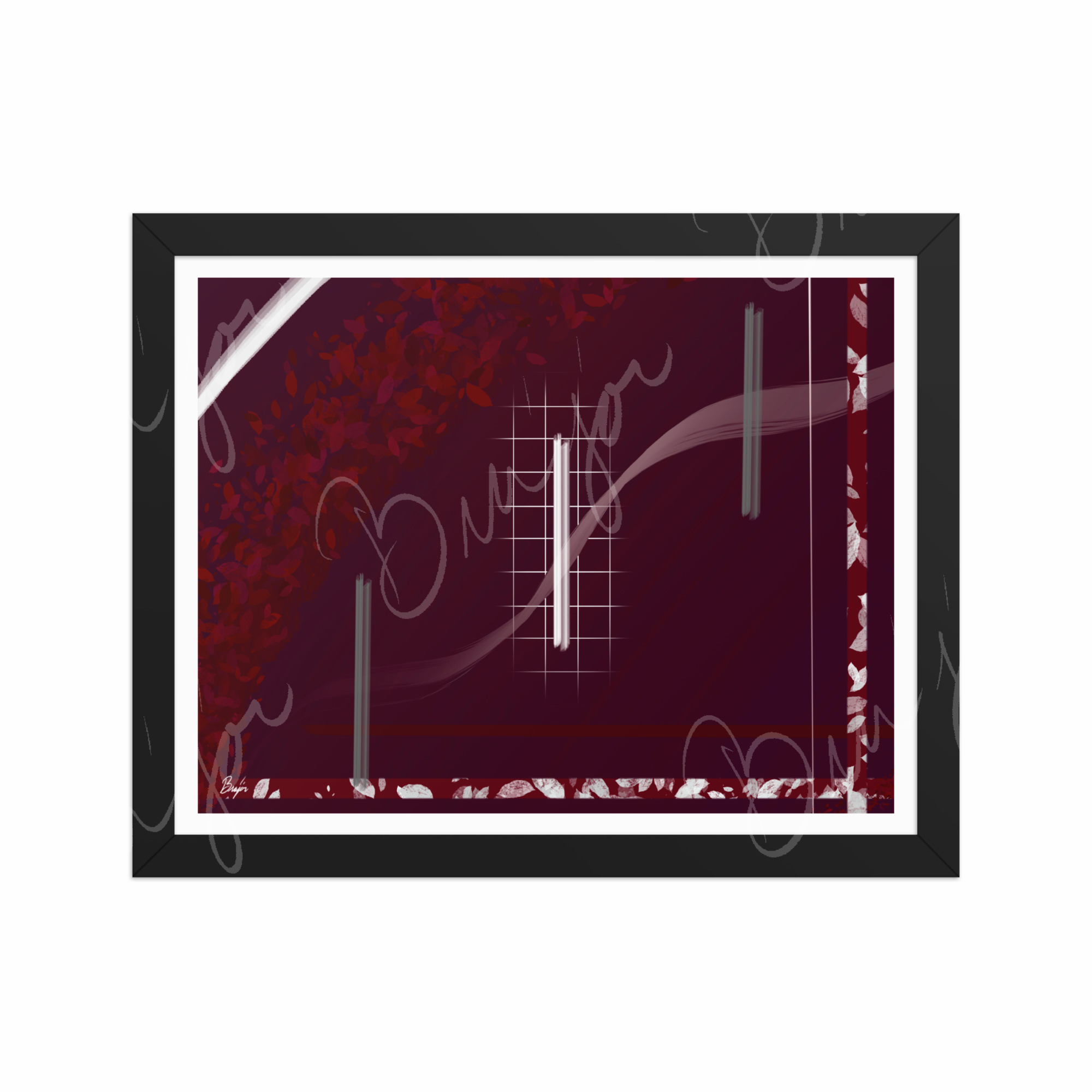 11x14 Black Framed Abstract artwork titled Shine designed by the digital abstract artist Bra'jor. Artwork includes the colors Red, Gray, Maroon, White, and Soft Pink