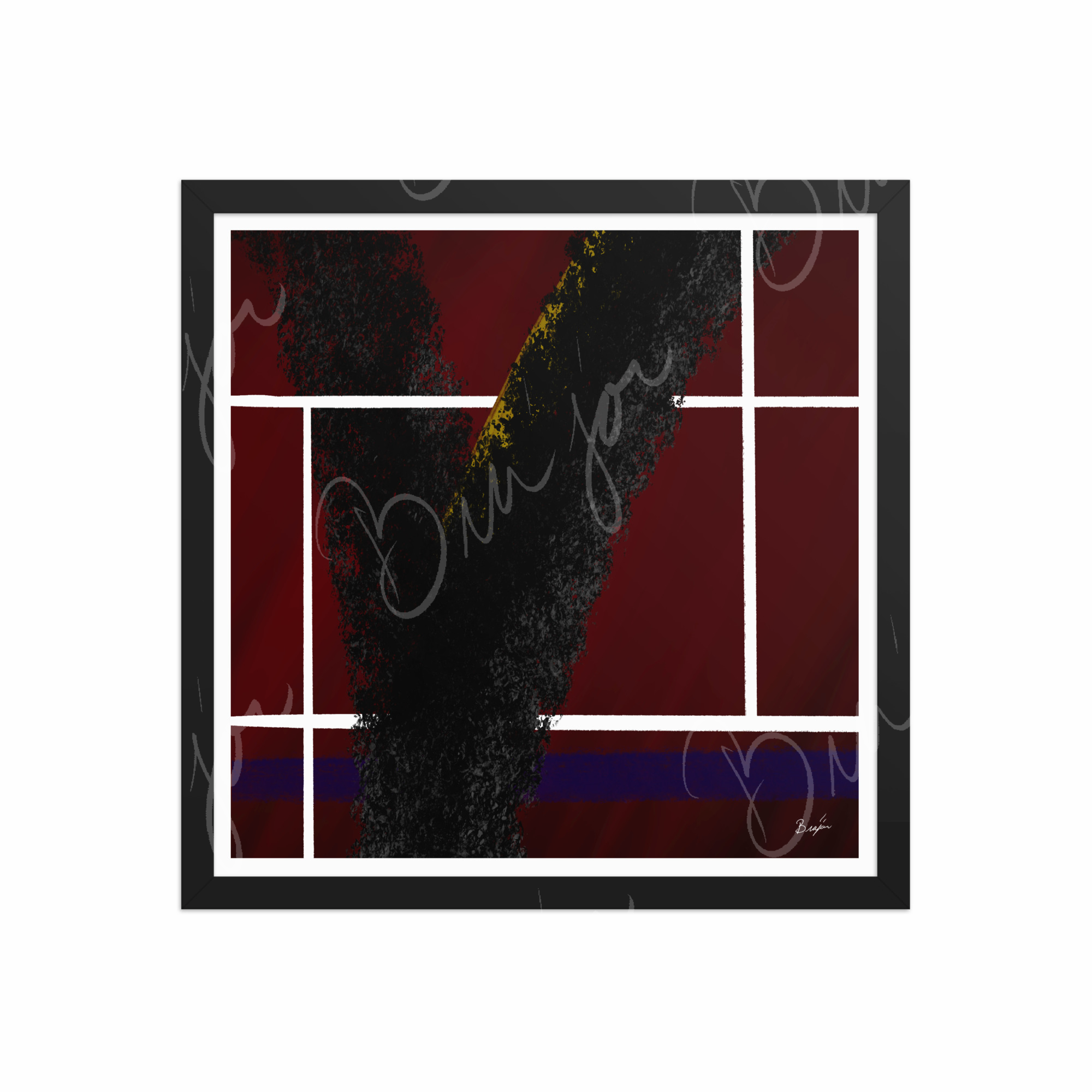 16x16 Black Framed Abstract artwork titled Step Out designed by the digital abstract artist Bra'jor. Artwork includes the colors Red, White, Black, Yellow, and Blue