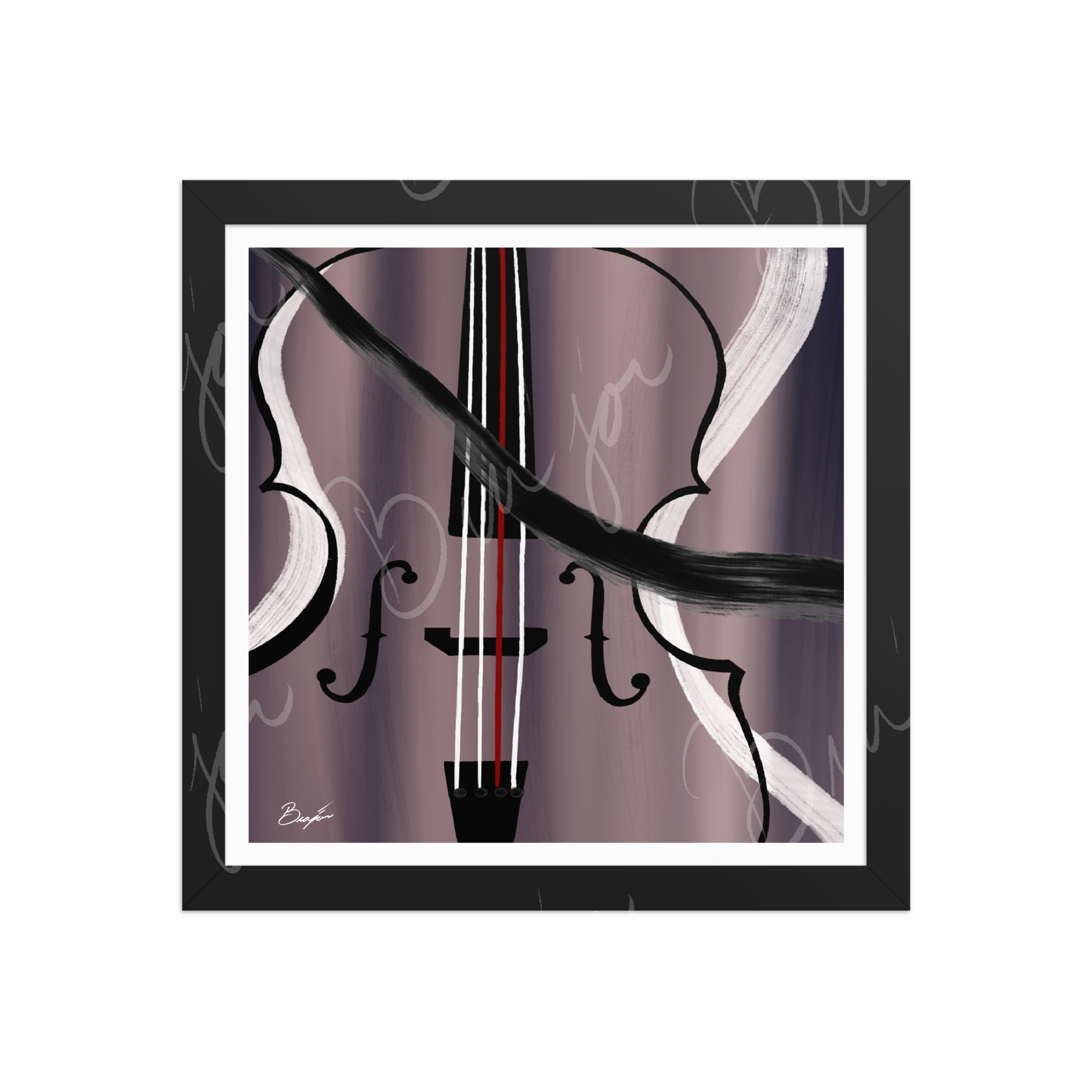 12x12 Black Framed Abstract artwork titled First Love designed by the digital abstract artist Bra'jor. Artwork includes the colors Black, White, Gray, violet, Mauve, and Red