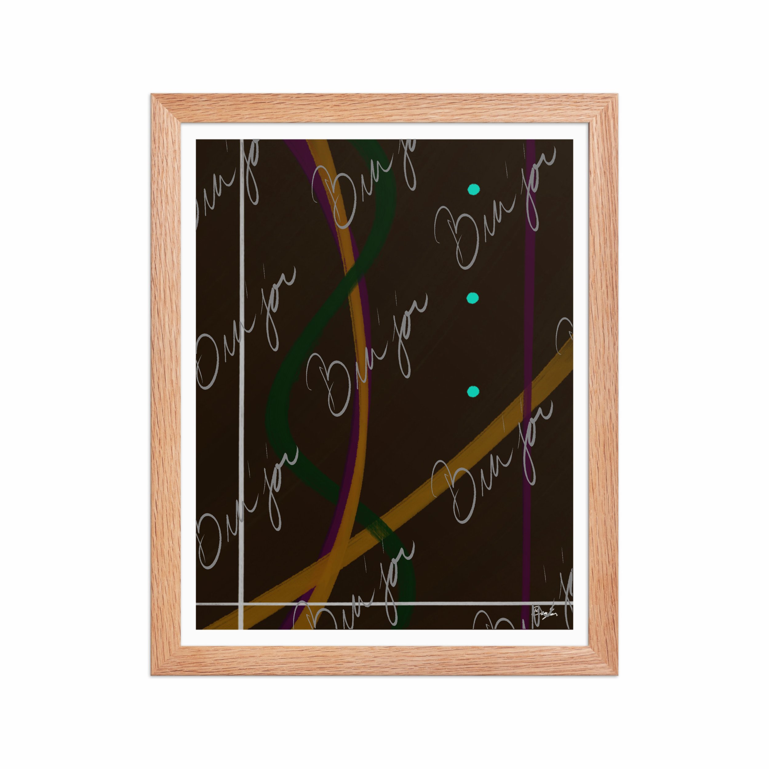11x14 Red Oak Framed Abstract artwork titled Button Up designed by the digital abstract artist Bra'jor. Artwork includes the colors Orange, Purple, Green, White, and Brown