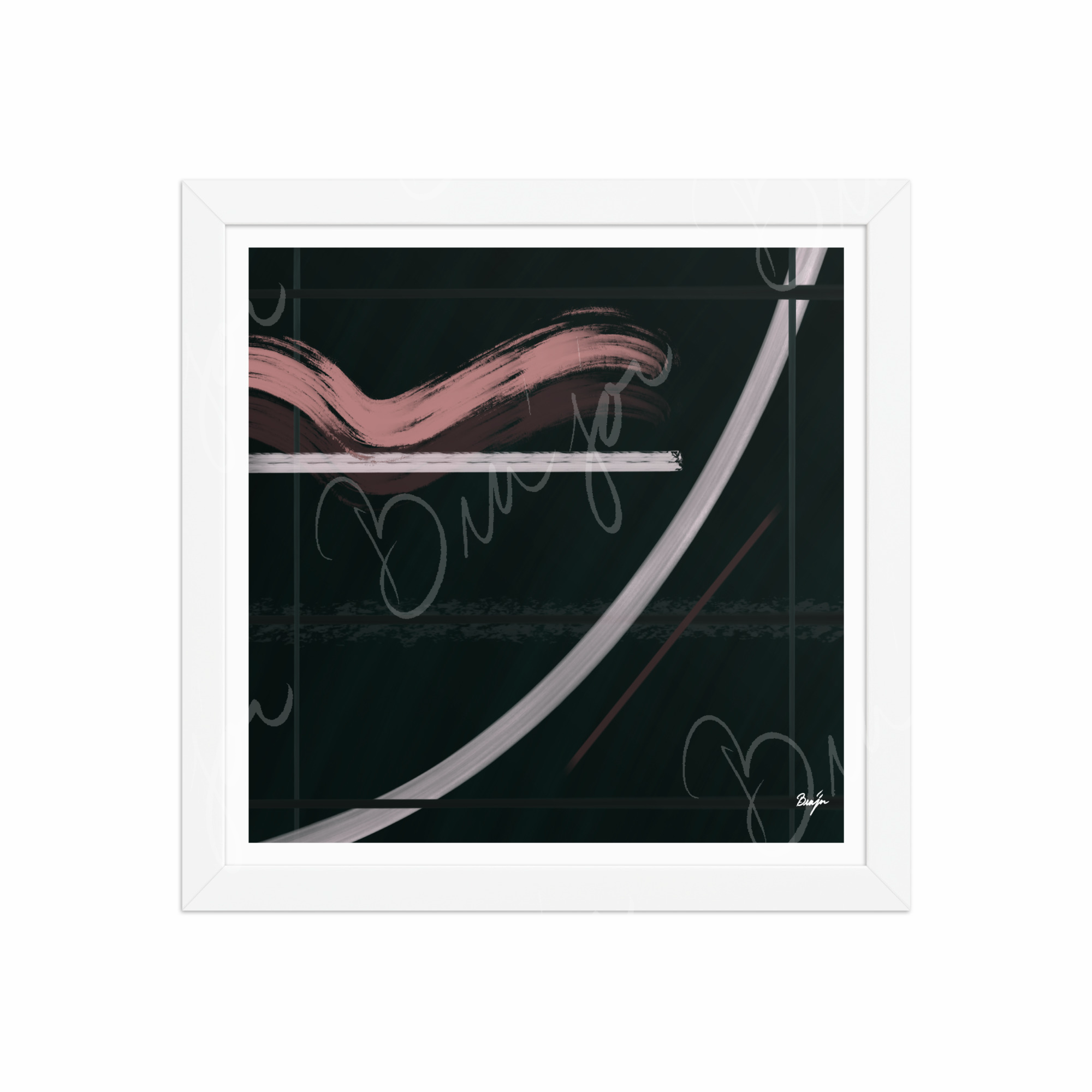12x12 White Framed Abstract artwork titled Together designed by the digital abstract artist Bra'jor. Artwork includes the colors Brown, Pink, Green, and White