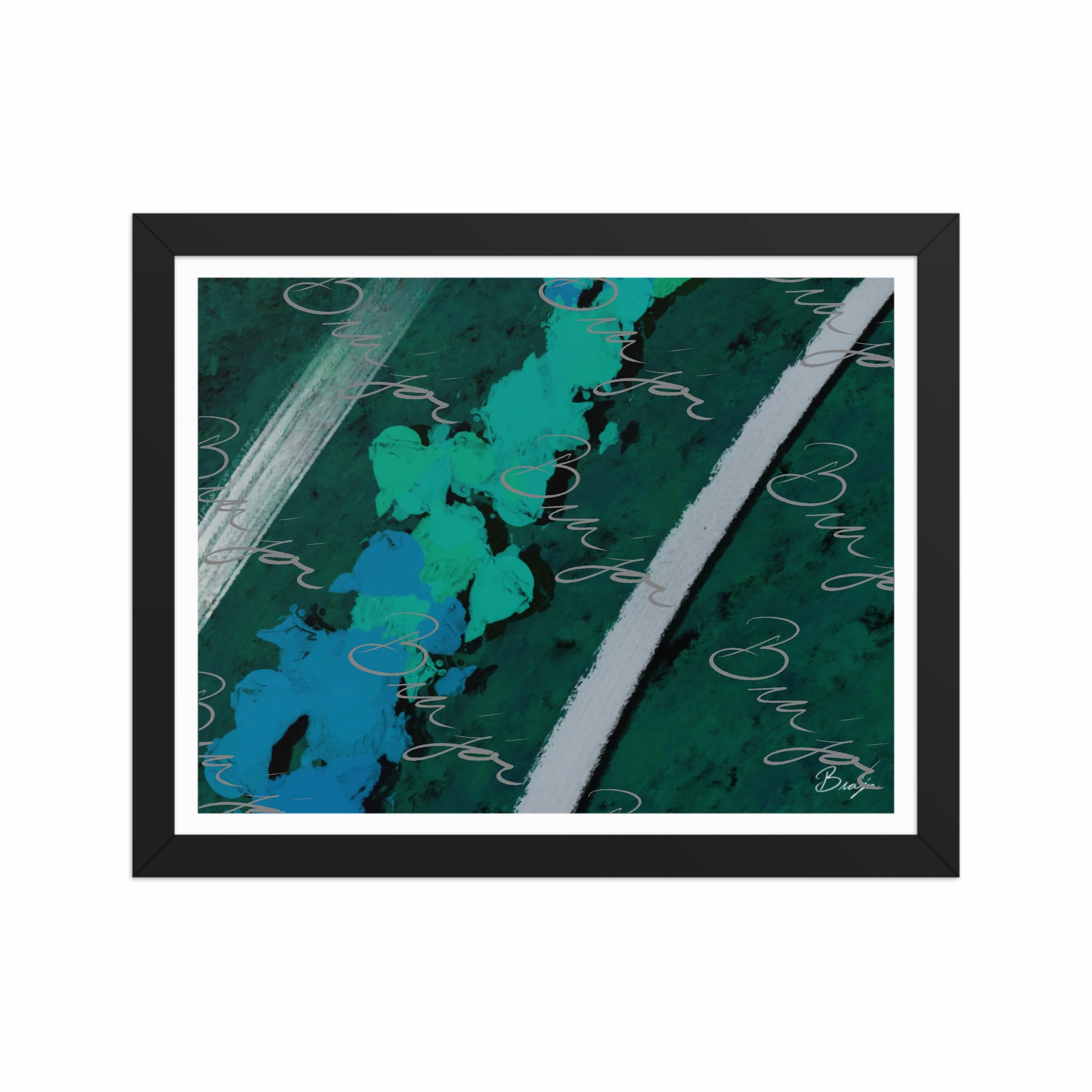 11x14 Black Framed abstract artwork titled Breathe designed by the digital abstract artist Bra'jor. Artwork includes the colors Green, Blue, Black, and White