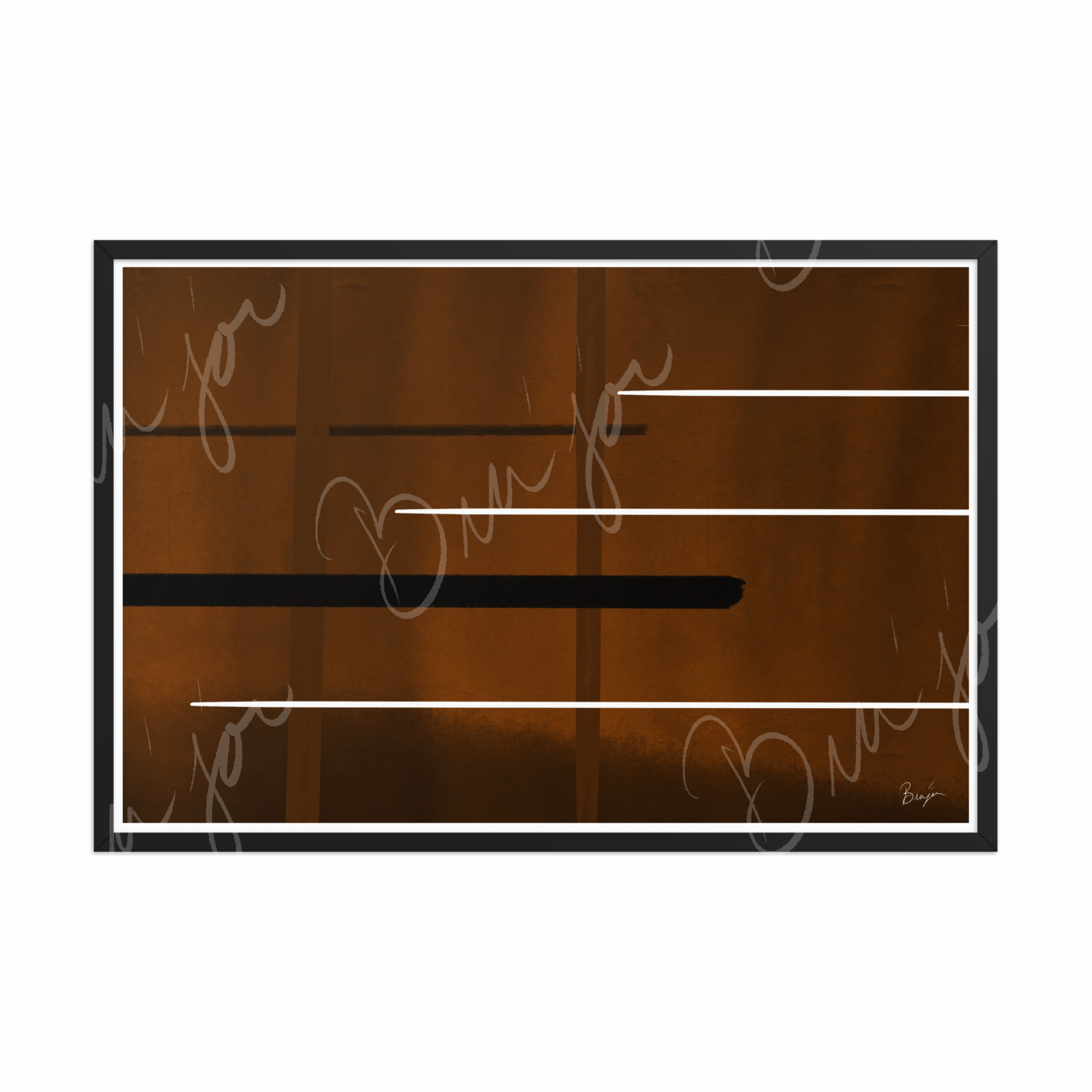 24x36 Black Framed Abstract artwork titled Steps designed by the digital abstract artist Bra'jor. Artwork includes the colors Brown, Black, and White