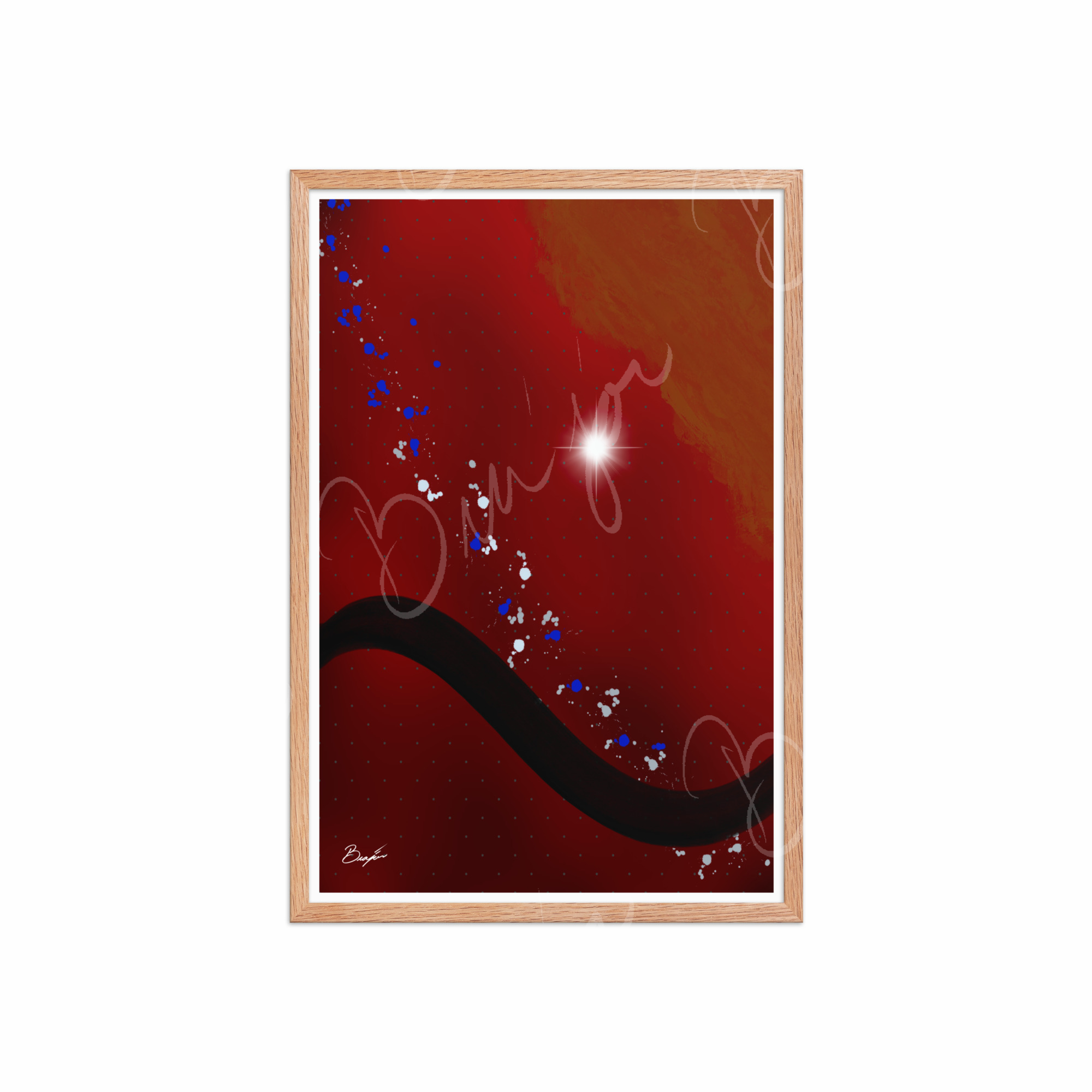 20x30 Red Oak Framed Abstract artwork titled Take Your Place designed by the digital abstract artist Bra'jor. Artwork includes the colors Red, Yellow, Orange, Black, Gray, and White