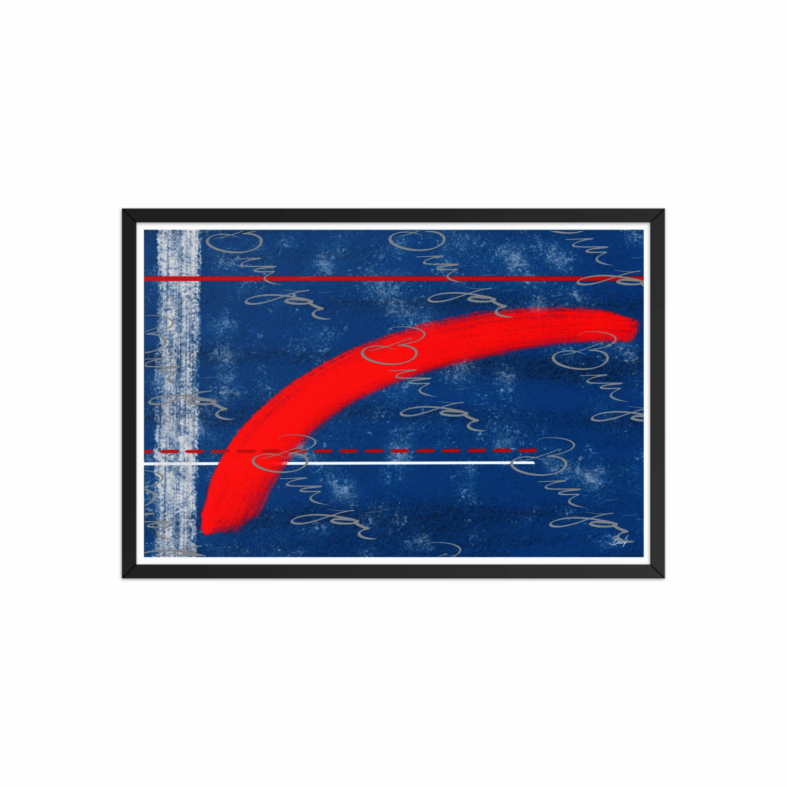 20x30 Black Framed abstract artwork titled Be Bold designed by the digital abstract artist Bra'jor. Artwork includes the colors Blue, White, and Red