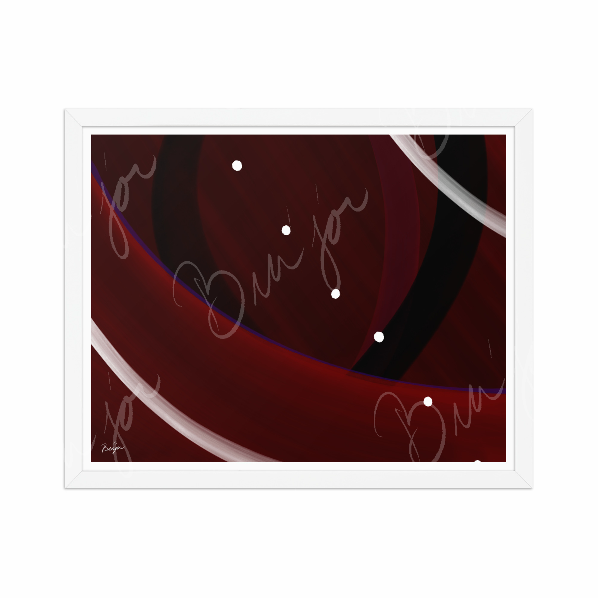 16x20 White  Framed Abstract artwork titled Trail Back designed by the digital abstract artist Bra'jor. Artwork includes the colors Red, Black, Purple, and White
