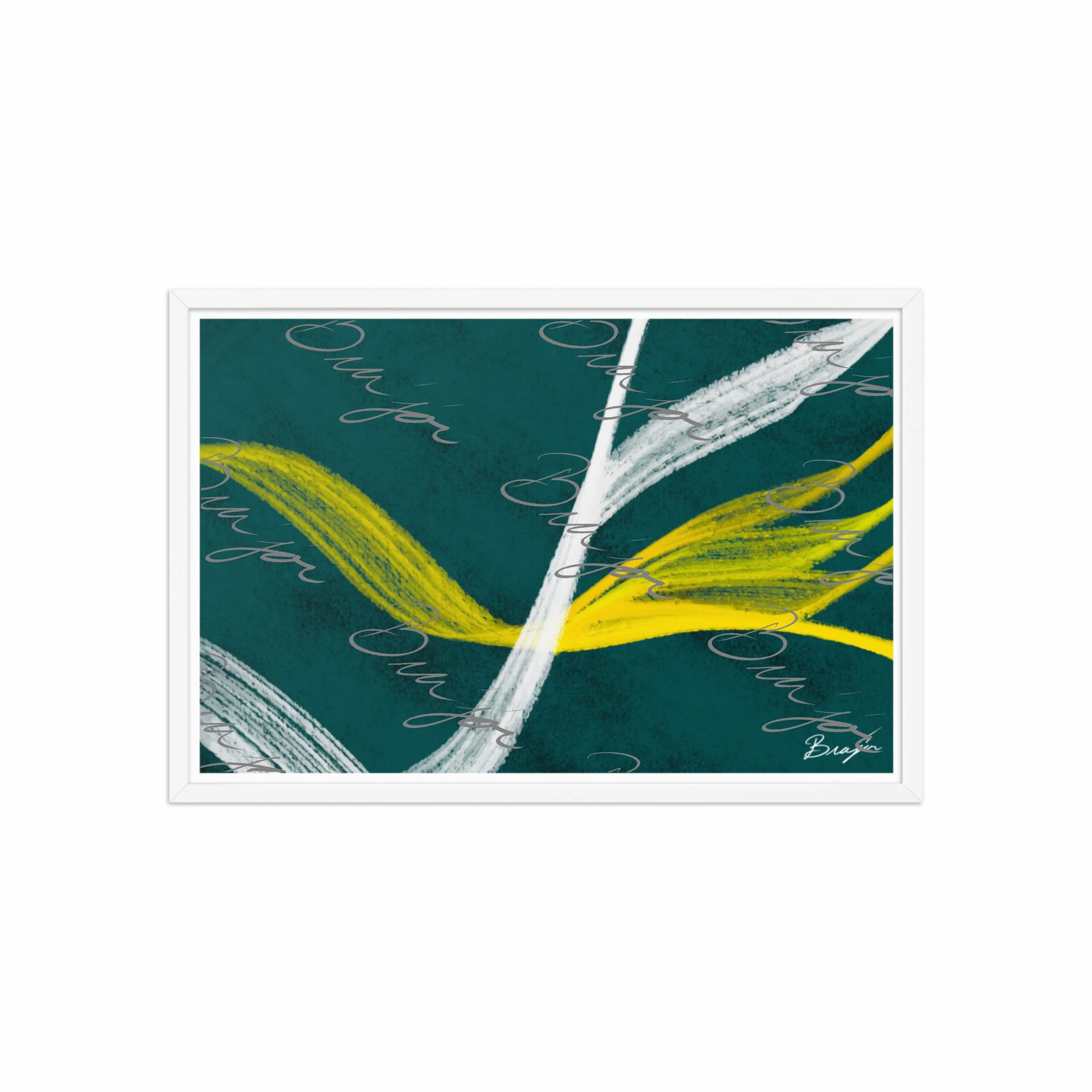 20x30 White Framed abstract artwork titled Beginnings designed by the digital abstract artist Bra'jor. Artwork includes the colors Yellow, Green, White, and Black