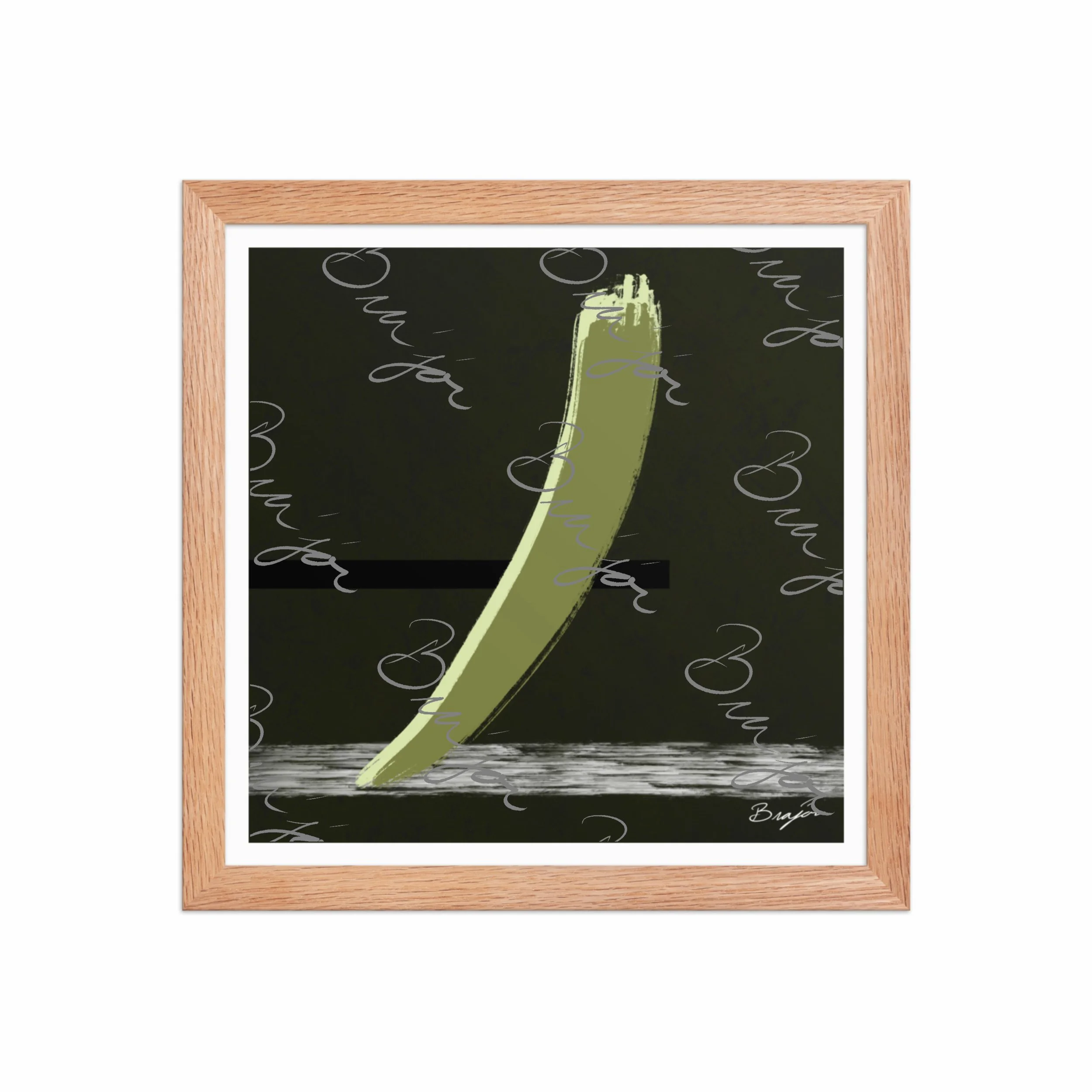 12x12 Red Oak Framed abstract artwork titled Drift designed by the digital abstract artist Bra'jor. Artwork includes the colors Green in multiple shades, Black,  White, and Gray