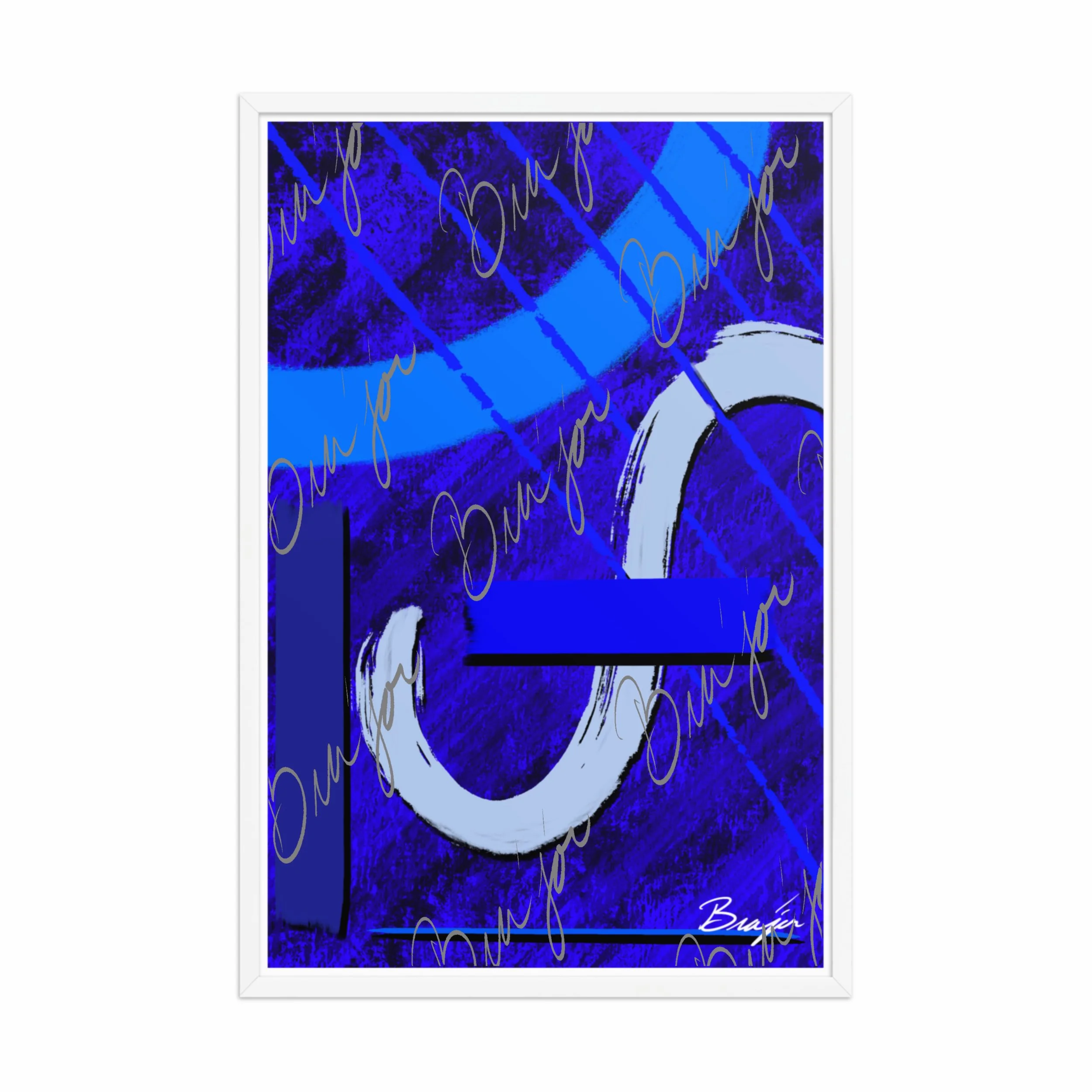 24x36 White Abstract artwork titled Undone designed by the digital abstract artist Bra'jor. Artwork includes the colors Blue, Black, Misty Blue, and Navy